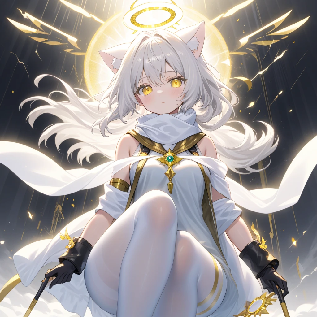 a masterpiece of,High-quality portraits,3D realistic CG,16k,dramatic lights,Complicated details,impasto,anthro,Furry,Only child girl,spheres,the night,Faraway view,A white cloak is attached to a yellow bell on the collar,Yellow ears,(by Kekitopu)