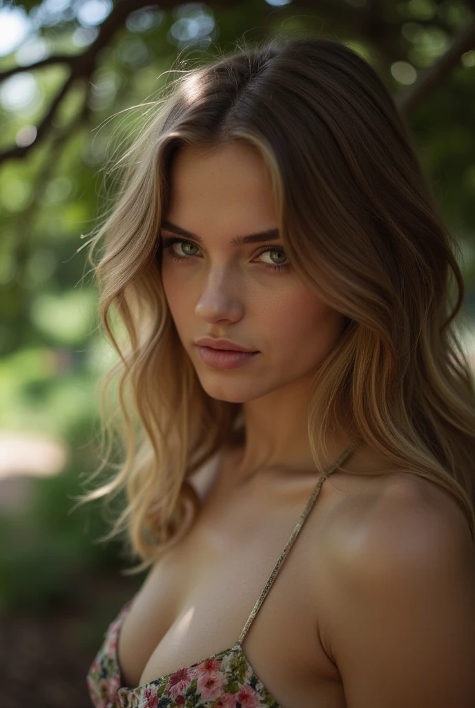 facing the camera big breasts, digital rendering by Juan O'Gorman, tumblr, minimalism, adriana lima, perfect face model, flawless face, with symmetrical facial features, perfect face and eyes, clean beautiful symmetrical face, perfect facial features, clean perfect symmetrical face, perfect face ), gorgeous attractive face, attractive facial features, long blond hair, extremely long thick blond hair, with very long blonde hair, hot petite, ukrainian girl, brown-blond-hair pretty face, dasha taran, alena, ekaterina, dark blond long hair, absurdly long blonde hair, in a field of grass , beautifull landscape