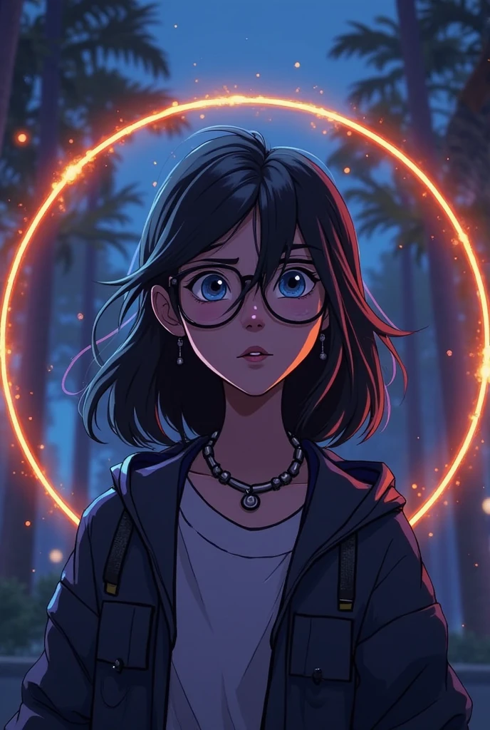 dark night at Amazon dense rainforest, podcast logotype, brunette, curly hair with bangs, young podcaster chubby woman wearing headphones with dark clothes, with dark heavy makeup, wearing glasses, podcast retro radio microphone, shadows in the background, Amazon Forest fauna, horror, mystical, 1990's art style, wide screen, high quality, moon behind, scary, horror, dark scenario