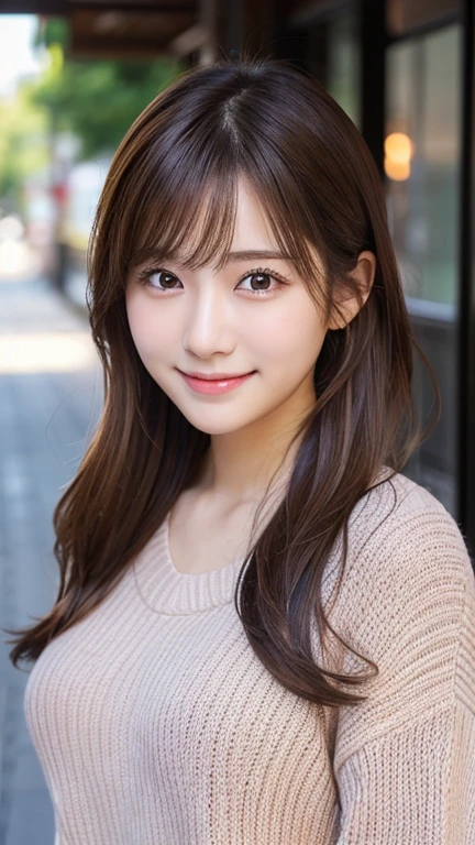(Highest quality、Tabletop、8k、Best image quality、Award-winning works)、1. Cute girl、(A fluffy and elegant open cardigan:1.2)、Perfect girl portrait photo、Glowing Skin、Brown Hair、(Cleavage:1.1)、Standing Elegantly、(Face close-up:1.2)、Woman looking up at me、Cute Smile、(The simplest beige background:1.1)