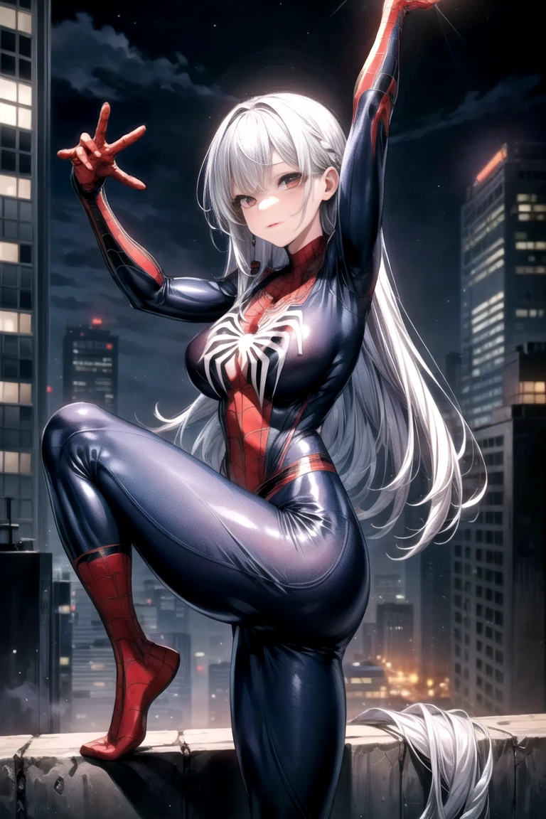 4k, realistic, carismatic, very detail, there is a girl on top city, wearing spiderman costum, she is a spiderman, white super hero theme, white long hair, 25 years old, full body