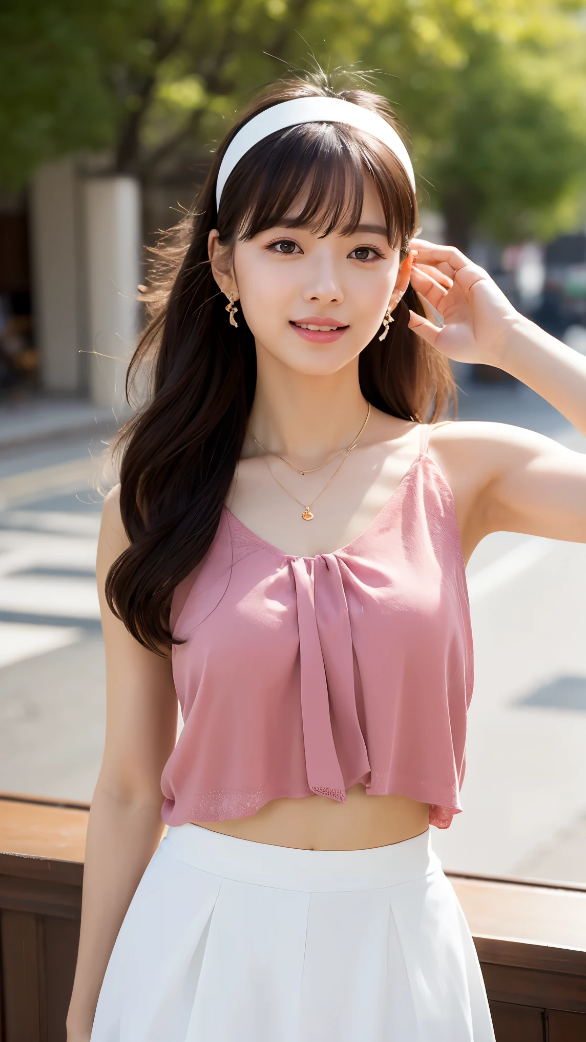 ((Realistic lighting、top-quality、2k、masterpiece:1.3))、Portrait of woman in pink dress with tear on head, Focus:1.2、Perfect figure:1.4、Slim abs:1.1、(Inside the bar、Night:1.1)、(Super fine face、A smile)、big eye、24