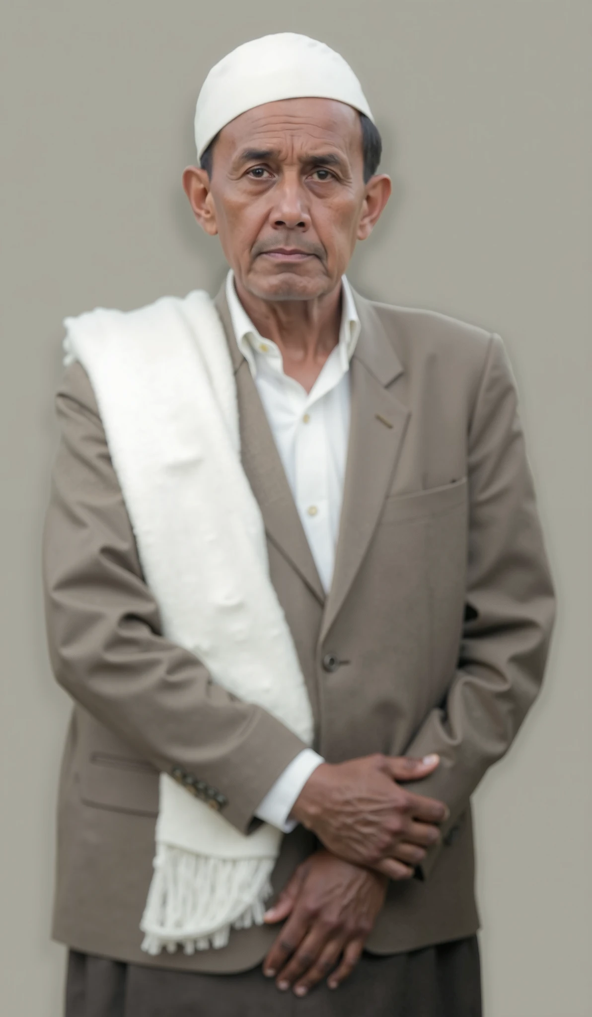 Make this photo look realistic and detailed, man with a white hat and in a white muslim coat and a black scarf, 8 0 years old man, and indonesia, very detailed potrait, realistic portrait photo, profile portrait, very detailed face, very realistic face, very perfected face, very detailed clothes, very realistic clothes, very perfected clothes.
