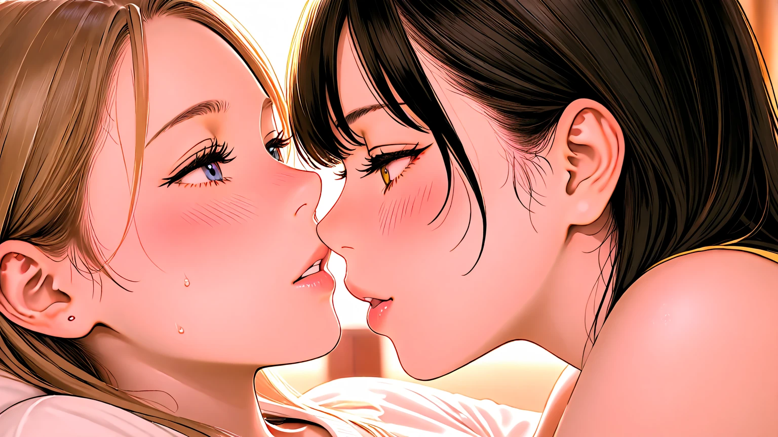 (high quality, High resolution, Fine details), ((Full nudity))、Anime Style, (kiss, french kiss, tongue kiss), (Two women in  kissing), Curvy Women, Sparkling eyes, (Fine grain:1.2), smile, blush, Sweat, Oily skin, Shallow depth of field
