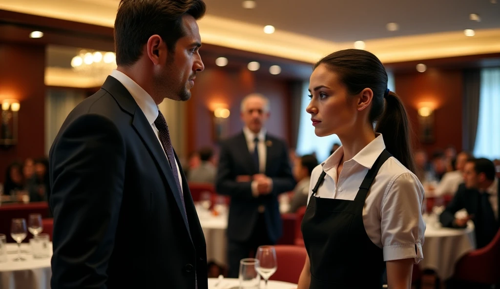 couple facing each other, male with tuxedo, girl with chef uniform, background in office, background dark