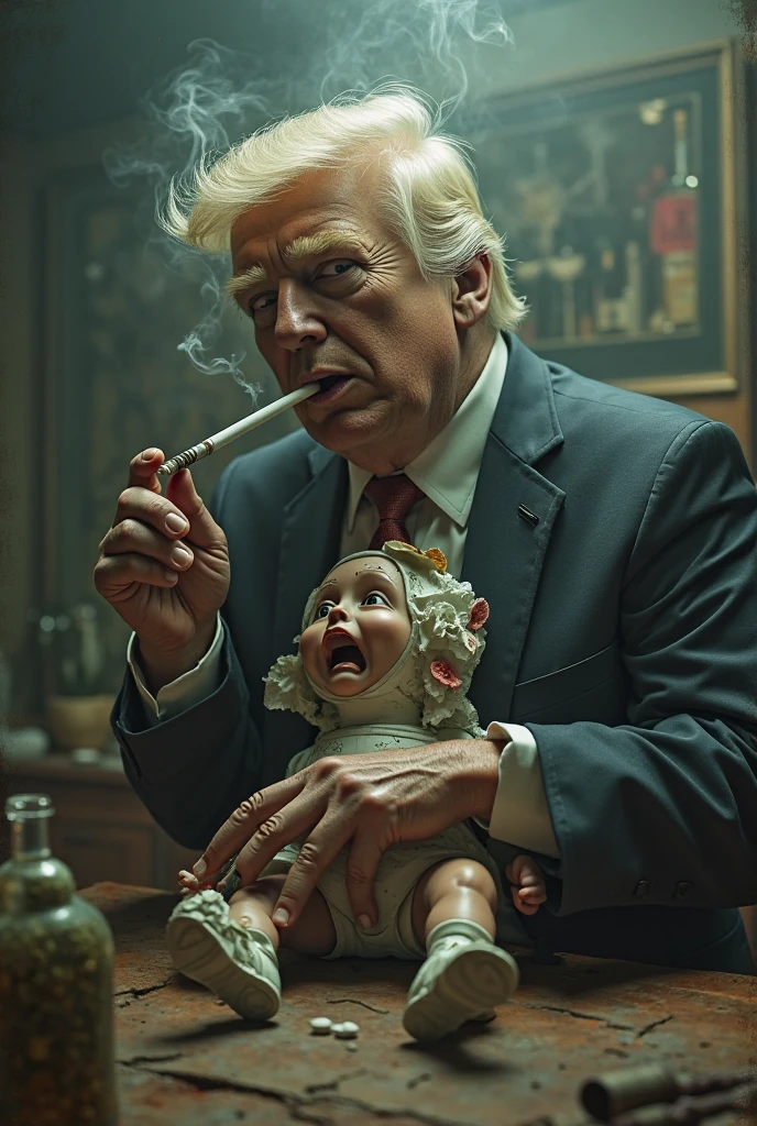 Donald Trump looks like a clown wearing a pink suit and carrying a stick