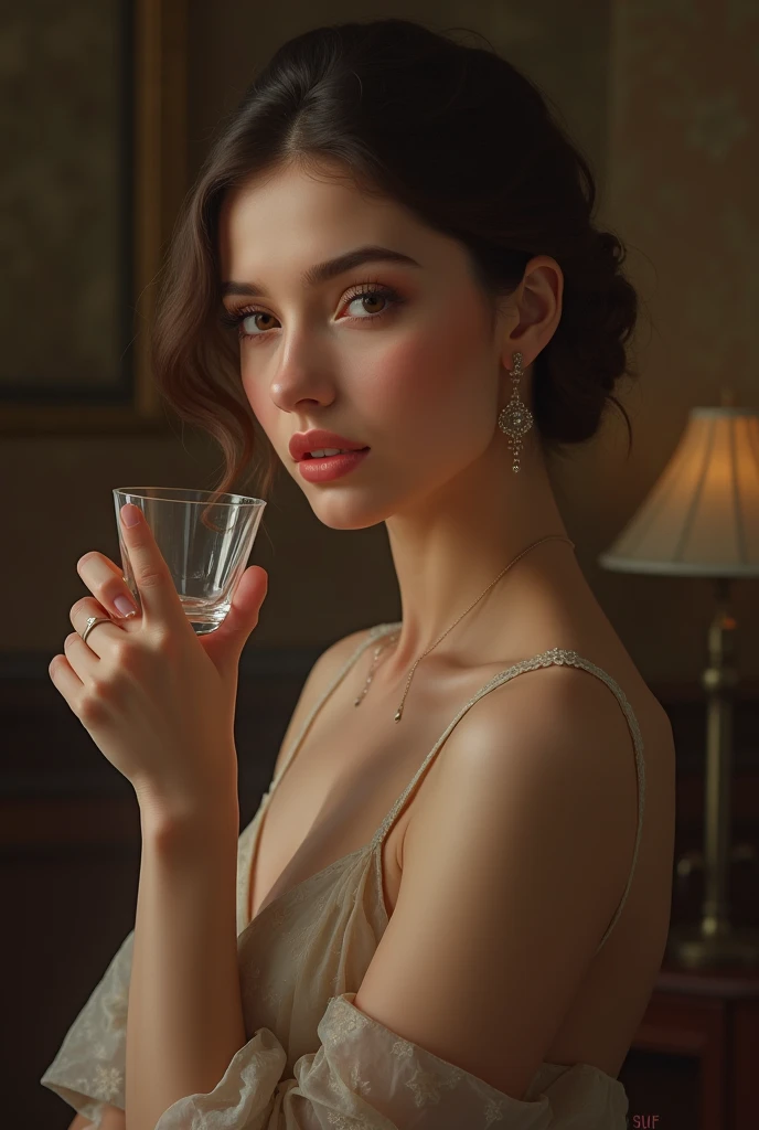 club amber, 1 girl, beautiful detailed eyes, beautiful detailed lips, extremely detailed eyes and face, long eyelashes, elegant dress, evening party, champagne glass, minimalist,white background, high quality, 8k, photorealistic, detailed, sharp focus, glossy, studio lighting