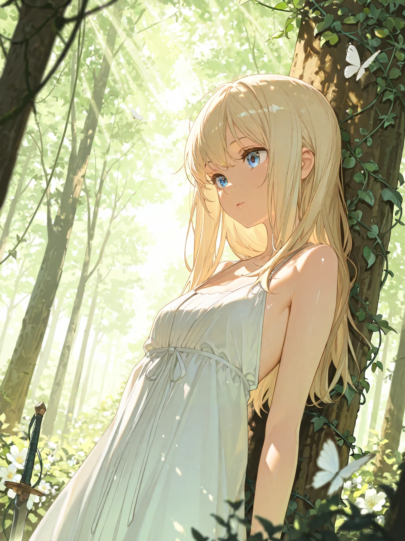 masterpiece, best quality, Amazing Khaki Quality, very aesthetic, High Resolution, super detailed, Absard Dress, latest, Scenery, (sunlight filtering through the trees:1.2), rimlight, backlight, dramatic shadow , 1 girl, long blond hair , blue eye, shiny eye, medium chest, white dress, forest, flower, white butterfly , viewers, leaning against a tree, vines, green, weapons, upper body, close-up, Dutch angle, Shiny Skin, break, eye, lips, dramatic shadow , depth of field, Vignette, Volumetric Light