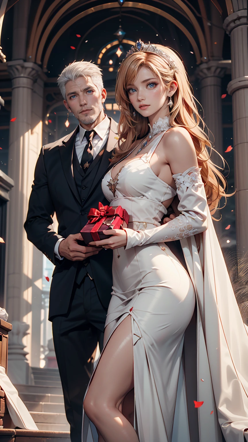 Two people in formal attire posing for a photograph,  WLOP and Sakimichan,  Guweiz Style Work , Urop and Rostran, Wlop and Andrei Riabovitchev,  of a woman holding a gift in her hand , Loish and wlop, Knight and Princess,  Loisch and Ross Tran ,  white hair、２women solo