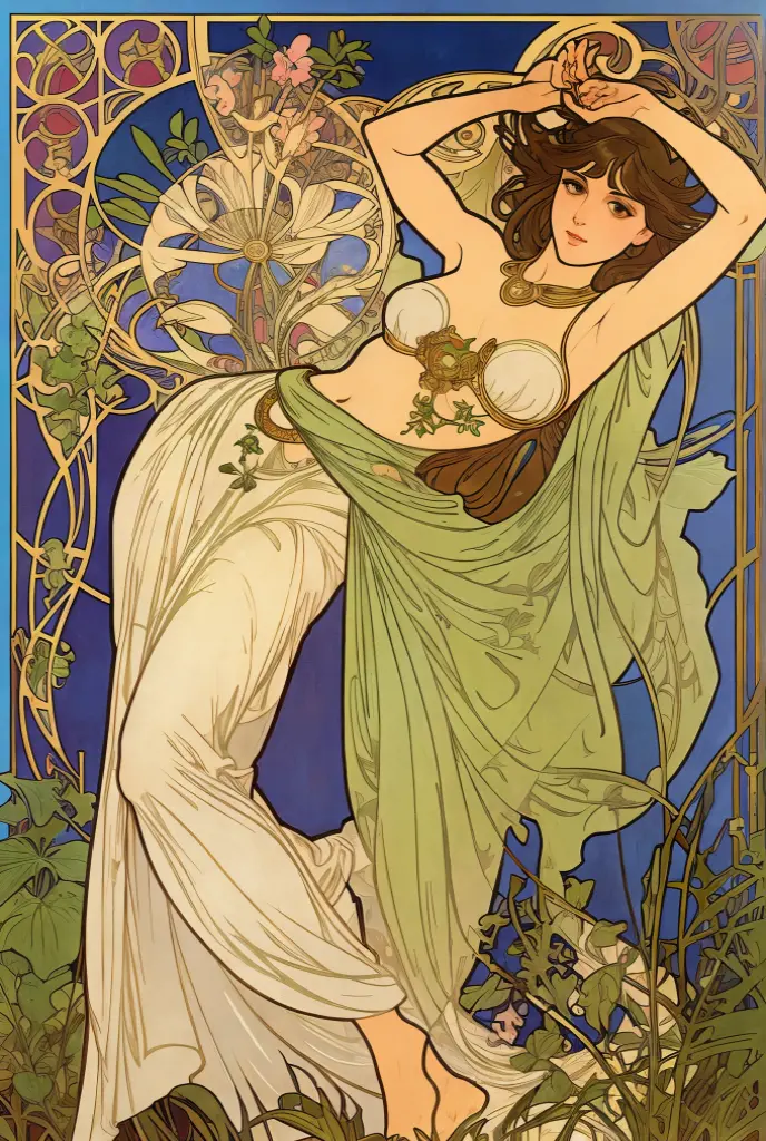 Detailed Background、Mucha style、Art Nouveau、Plants tying up the subject's arms or legs、(White underwear:1.2)、(masterpiece、Highest quality、Highest quality、Detailed and careful line drawings)、Vintage Color、colorful、Anatomically correct、Written boundary depth、Flat Shading、Bokeh、(Toned body, Thick thighs:1.2)、(Showing off your armpits)、Pussy、Camel Toe、Expressive eyes、Perfect Face、Black Hair、Okabo Hair、Resolute、Bold Pose
