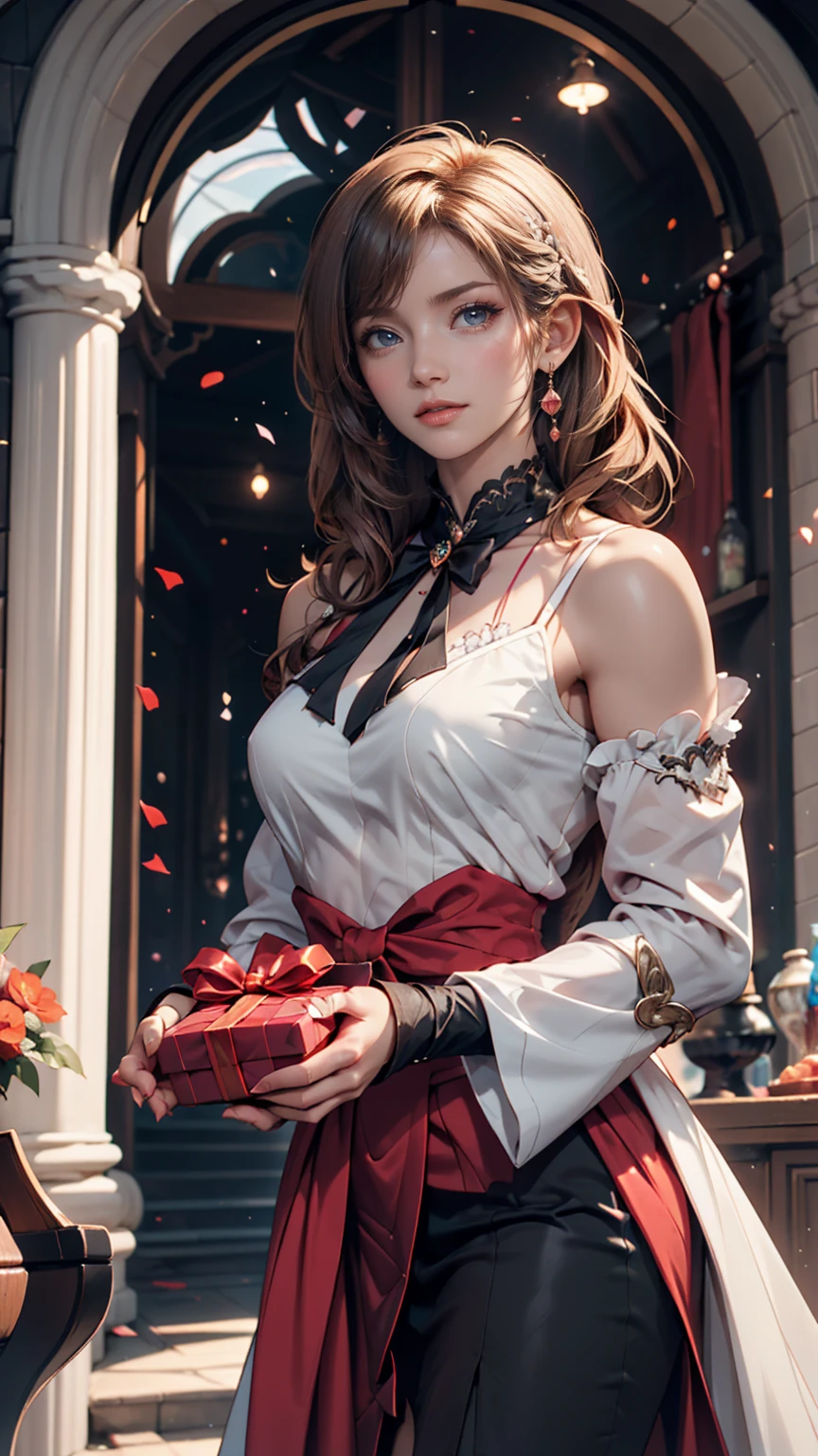 Dramatic composition, Court-style dress, Royal, nice, カスケードFrills, Frills, bow, Crystal Chandelier, Roman Curly Hairstyles, to place, Drill-like double ponytail, Looking at the camera, bangs, Maximalism, Palace-like background, Delicate depiction of hair and eyes, Princess Dress, nice skirts, Flowers in hands, smile, Starry Eyes, Cinematic Light, Extremely detailed, High resolution, Happy girl, Very long hair, diamond, broken diamond, Crystal Fragment, Particles of light