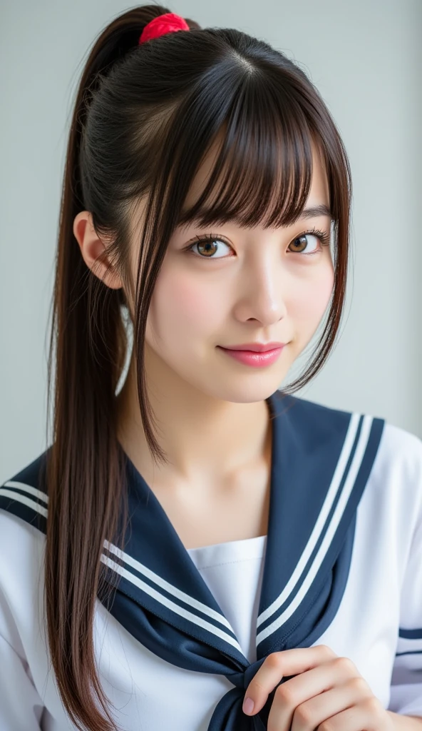 (Close-up portrait of slender small breasted girl、Has very long black hair with blunt bangs in a winter navy sailor suit。 :1.5)、(the girl has cobalt blue eyes:1.5)、(A girl walking with a small smile on a Japanese country road:1.5)、(Blurry background:1.5)、(Perfect Anatomy:1.5)、Photoreal Stick、Raw photography、masutepiece、top-quality、hight resolution、delicate and pretty、face perfect、Delicate and beautiful air skin around the eyes、Real Human Skin、((thin legs))