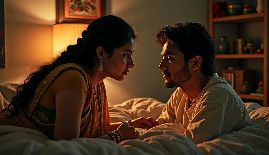 "An Indian man is lying in bed, while his wife, dressed in a saree, stands beside him."