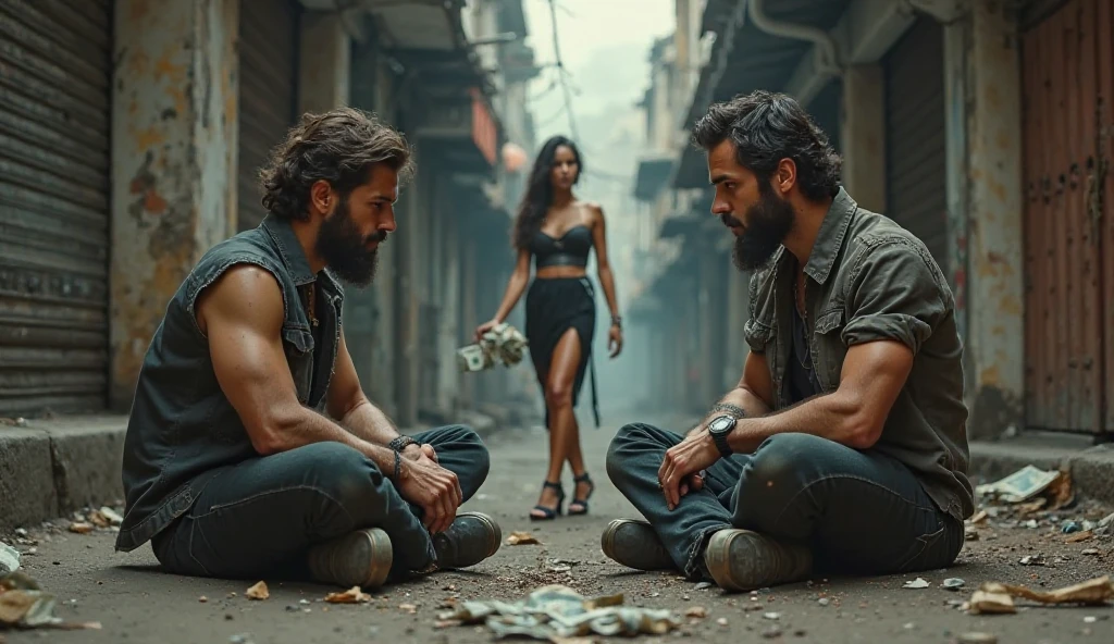 Strong, hairy, bearded young Puerto Rican man sitting on the bench of a city bus being watched by a standing woman.