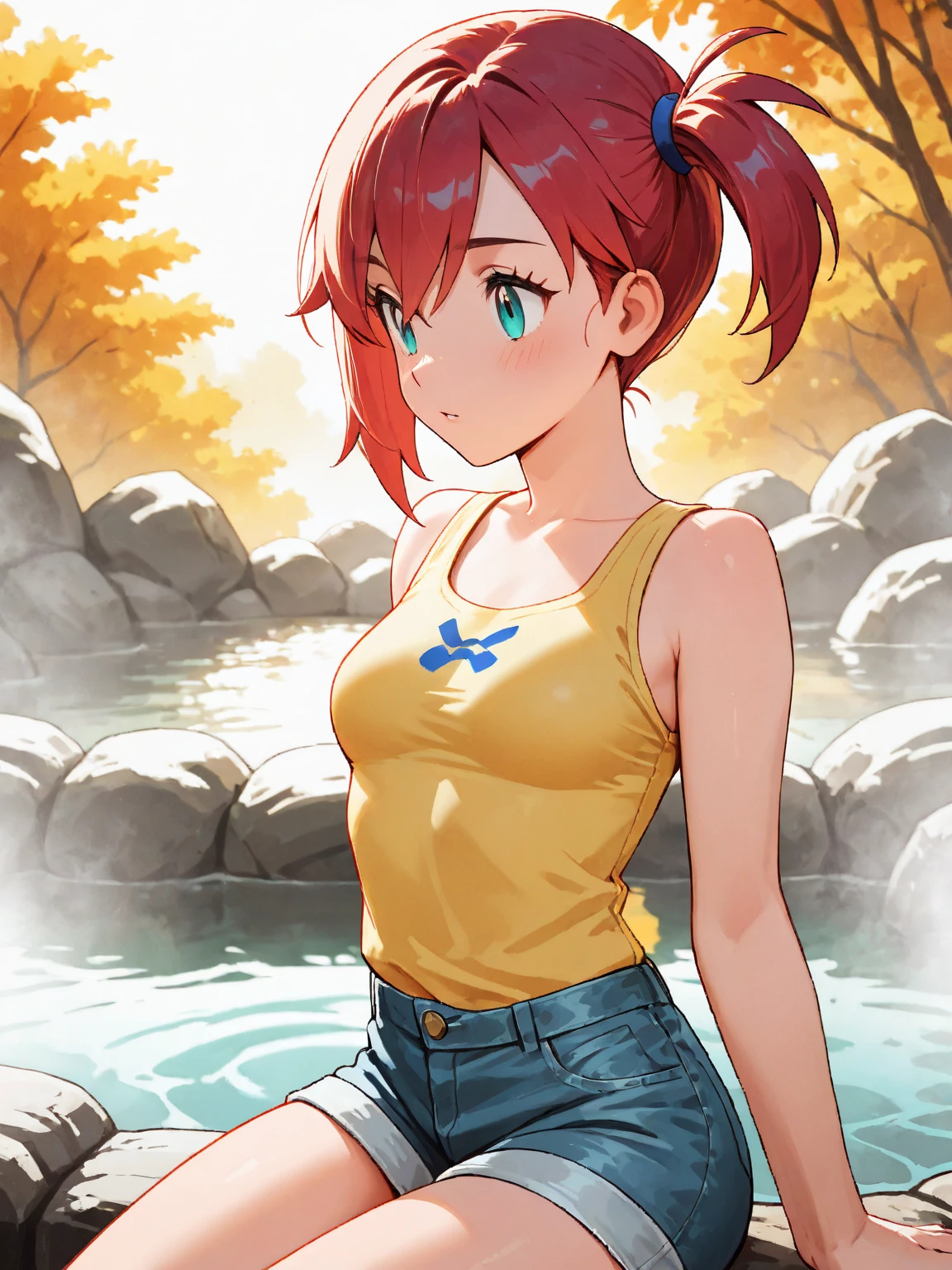 (Perfect body),highest quality,16k、Masseter muscle part、((NSFW))、(())、low length、((((embarrassing))))、:d、Tree Fe○lumes、short hair、(blue eyes),redhead、Pigtails、((Sweat))、((flat chest))、swollen nipples、(Poolside)、cloudy sky、white school swimsuit、second armpit、Hands restrained behind the head、On my back、thick thighs、spread your legs、sleeping on one's back