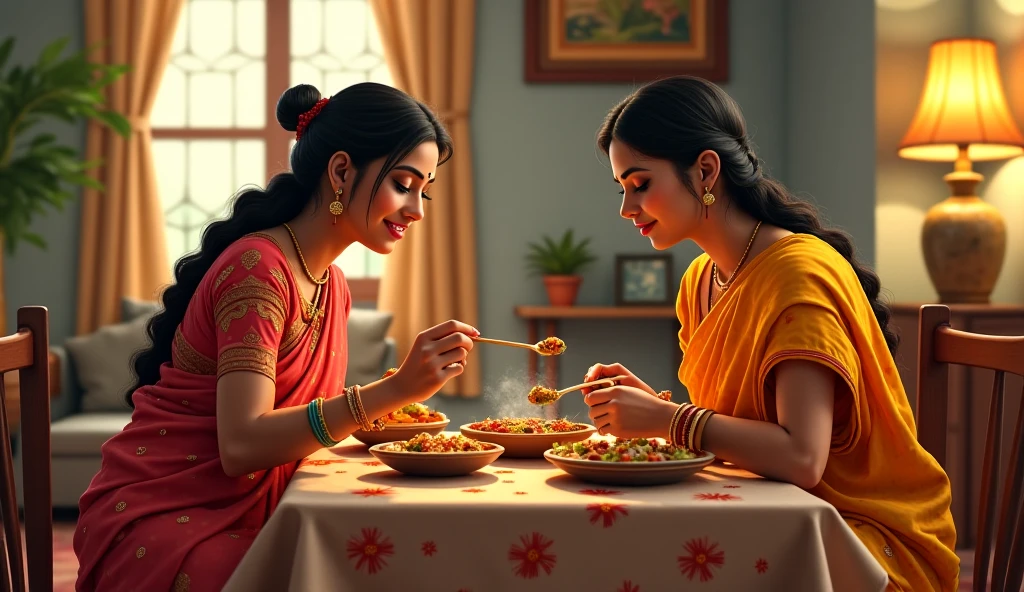 4. Suman and Rati Cooking Together:**

*"A warm, welcoming kitchen filled with the aroma of spices. Suman and Rati are seen standing side by side, cooking together. Suman is guiding Rati with a smile, while Rati looks more relaxed and happy, following her mother-in-law’s instructions. They are both enjoying the moment, the tension between them replaced with mutual respect."*