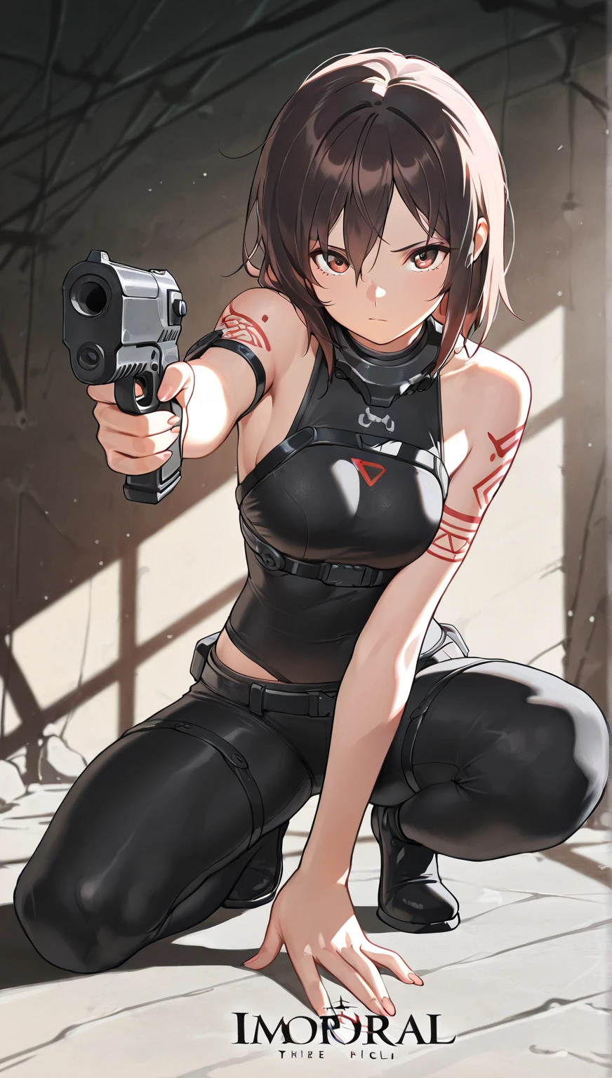 A woman with a gun in her hand is flying, Female protagonist 👀 :8, from girls frontline, badass posture, huge tit，thicc, dramatic wielding gun pose, Female action anime girl, author：Kitasan Okada, photoshoot poses, with pistol, quiet from metal gear solid, female anime character, fighter pose, From Metal Gear, anya from spy x family