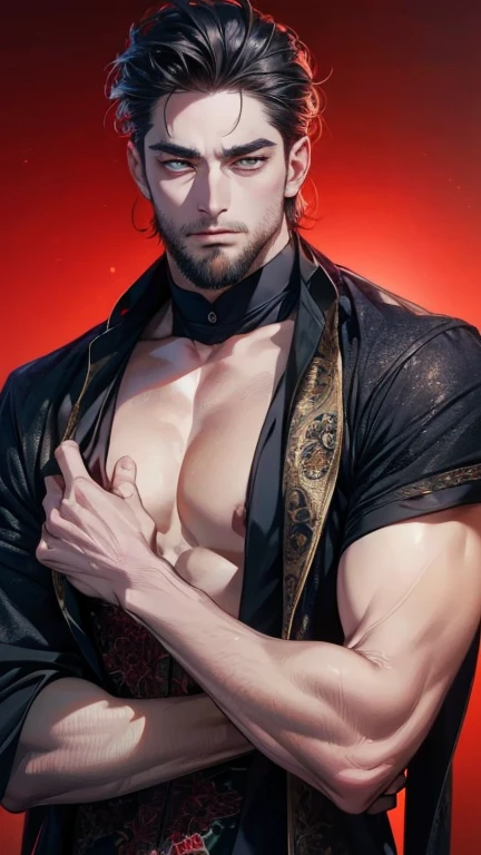 (very short black all-back hair:1.2)、(Big red eyes:1.2)、demon king, malicious ruler, dark lord, evil lord, despot, sovereign of hell, atrocious commander, devil'Tyrant's, maleficent ruler, command the devil, brutal tyrant, Burning Demon King, dirty emperor, malicious demon lord, master of evil, vengeful demon ruler, ruler wearing a black coat, devil'general of, almighty demon king,Too large bulge in the crotch area、Too huge、Exposed chest、(Legs wide open:1.3)、Sitting on a throne、mustache、(Wild Smile:1.2)、(Please wear black pants:1.2)