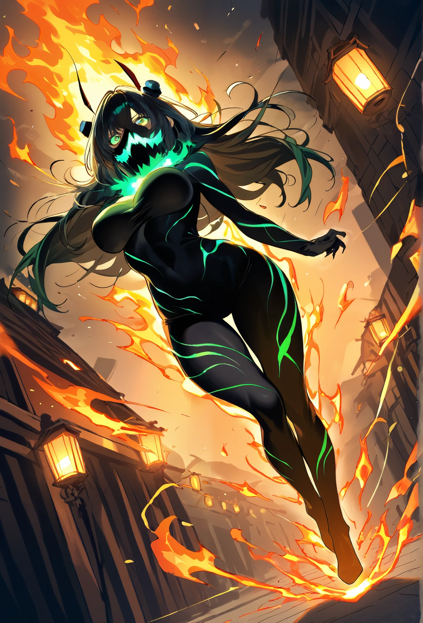 Midnight in Edo, Home々The street lined with , Many Imperial Lanterns Floating in the Dark, Fire Brigade Chases You from Behind.,That Enhances Her Mysterious Aura, headgear for brainwashing, (Battle Rider Suit), Gloves with sharp claws, (Demon Mask), Her Magical Transformation, ( reddened skin:0.7), Flame-shaped Student, Green Glowing Eyes That Imitate a Demon, The costume has a 、There is a star shape that symbolizes the ability of a young beautiful woman transformed by playful yet benevolent magic to manipulate space, Her Long, Flowing, and Glowing Black Hair, Magic from the Hand It forms a pattern that swirls in the air, (A Body Trained Through Strict Training:1.5), (tiny boobs:0.7), (huge boobs:0.2), The images are anime and manga art style, full body:1.3, DYNAMIC ACTION:1.5, dynamic angle:1.5, anatomically correct, Super Detail