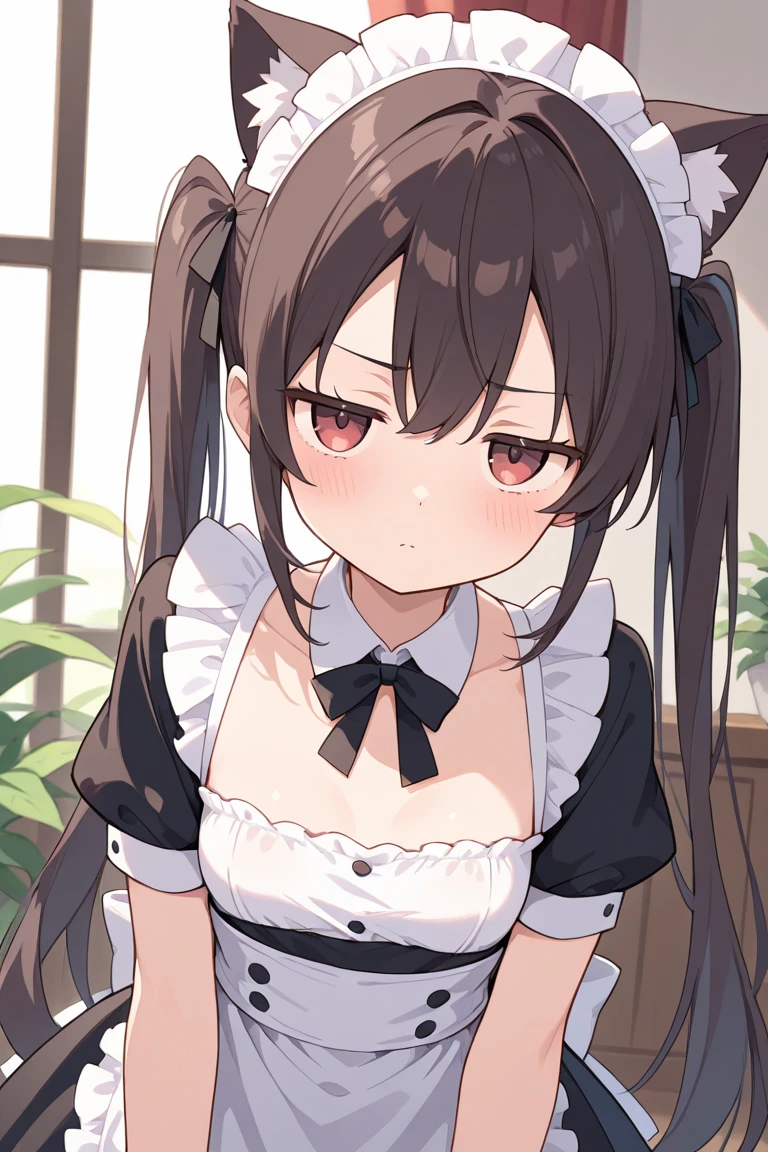 best quality, masterpiece, highres, solo, {maid:1.40}, {long maid dress:1.15}, {ping_hai_azurlane:1.15}, brown_hair, long_hair, bangs, twintails, ahoge, red_eyes, breasts, hair_ornament, blush, hairband, small_breasts, white_hairband, anchor_hair_ornament, very_long_hair