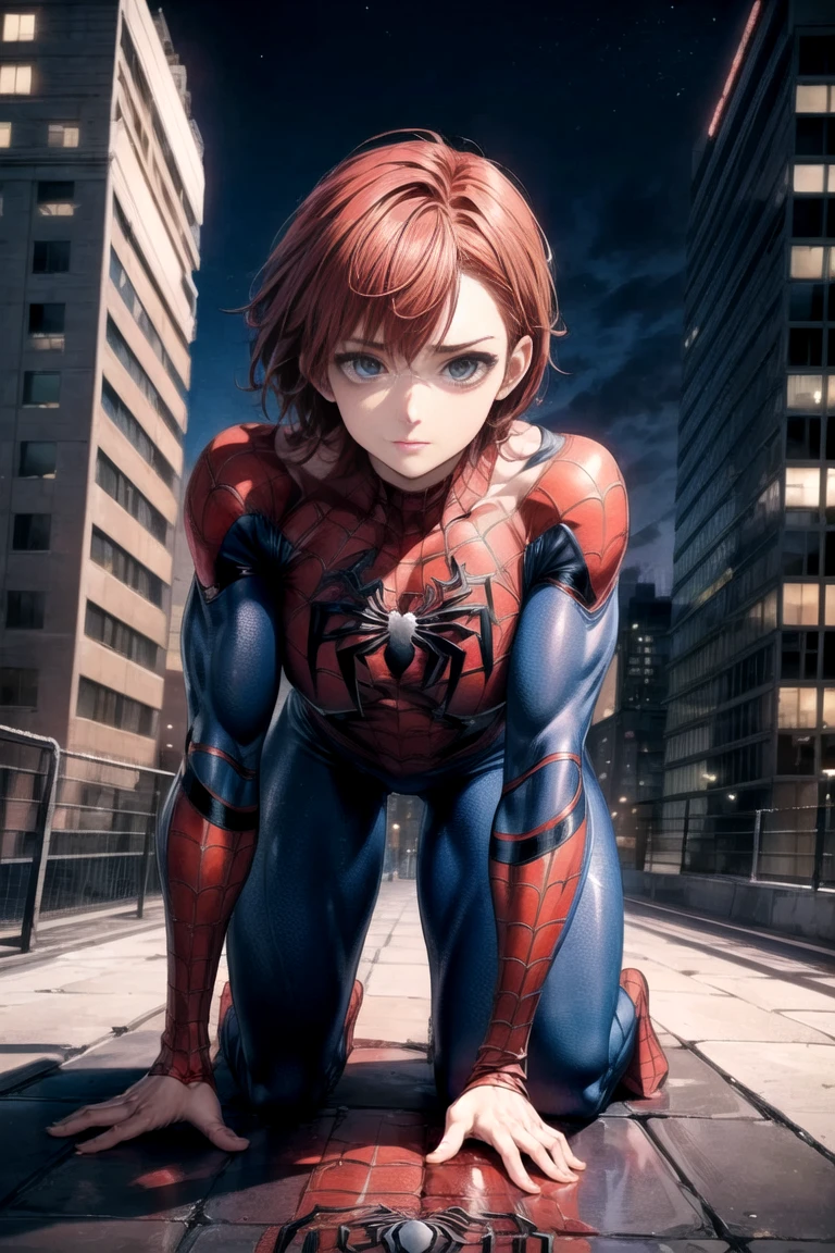 pink spiderman costume, brown short hair, black eyes, female, Scene standing on the rooftop, 1 person, high quality