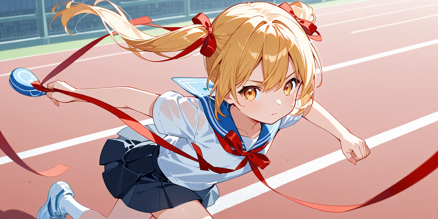 masterpiece, best quality, Natural Volumetric Lighting And Best Shadows, Deep Depth Of Field, Sharp Focus, Sharp Eyeliner, (Highest Quality, Amazing Details:1.4), Masterpiece, Bloom, Picturesque, Brilliant Colorful Paintings, looking at viewer, nero claudius (olympian bloomers) (fate), 1girl, open mouth, one eye closed, blonde hair, ahoge, solo, buruma, gym uniform, navel, name tag, headband, shirt, smile, hair intakes, day, braid, outdoors, sky, hair bun, breasts, huge breasts, french braid, bangs, single hair bun, short sleeves, red buruma, white shirt, blue sky, confetti, red headband, cloud, cowboy shot, string of flags, v-shaped eyebrows, hair between eyes, :d, gym shirt