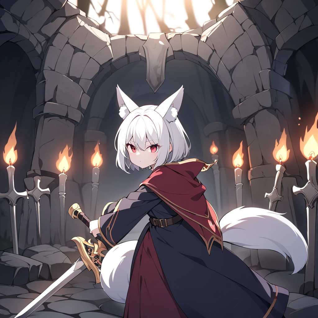 Cat Girl，was hairy，shaggy，Skin fur，White fur，Forelimb hands，hair splayed out，White ears，White face fur，White hair, hair splayed out, Shiny hair，Long hair，Hairline, lowtwintails，Blue eyes，Super cute face，Empty eyes，Crazy smile, Fangs，bat hair ornament，White dress，Ambient light，Ultra-fine fur，volumettic light，, dashed eyes, bangs, light and darkcontrast, ultra high def, 巨作, Super detail，Castle background，Night，starry light，blood, blood_On_clothes, blood_Hands, blood_arma, blood, blood_stain，guangjiao，