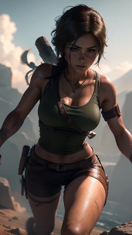 depth of field, cinematic lighting, motion blur, chromatic aberration, ray tracing, anime, 8k, super detail, best quality, 1080P, HD, 4K, 16k. Anime Lara Croft from Tomb Raider, athletic, action shot, epic image, bow and arrow