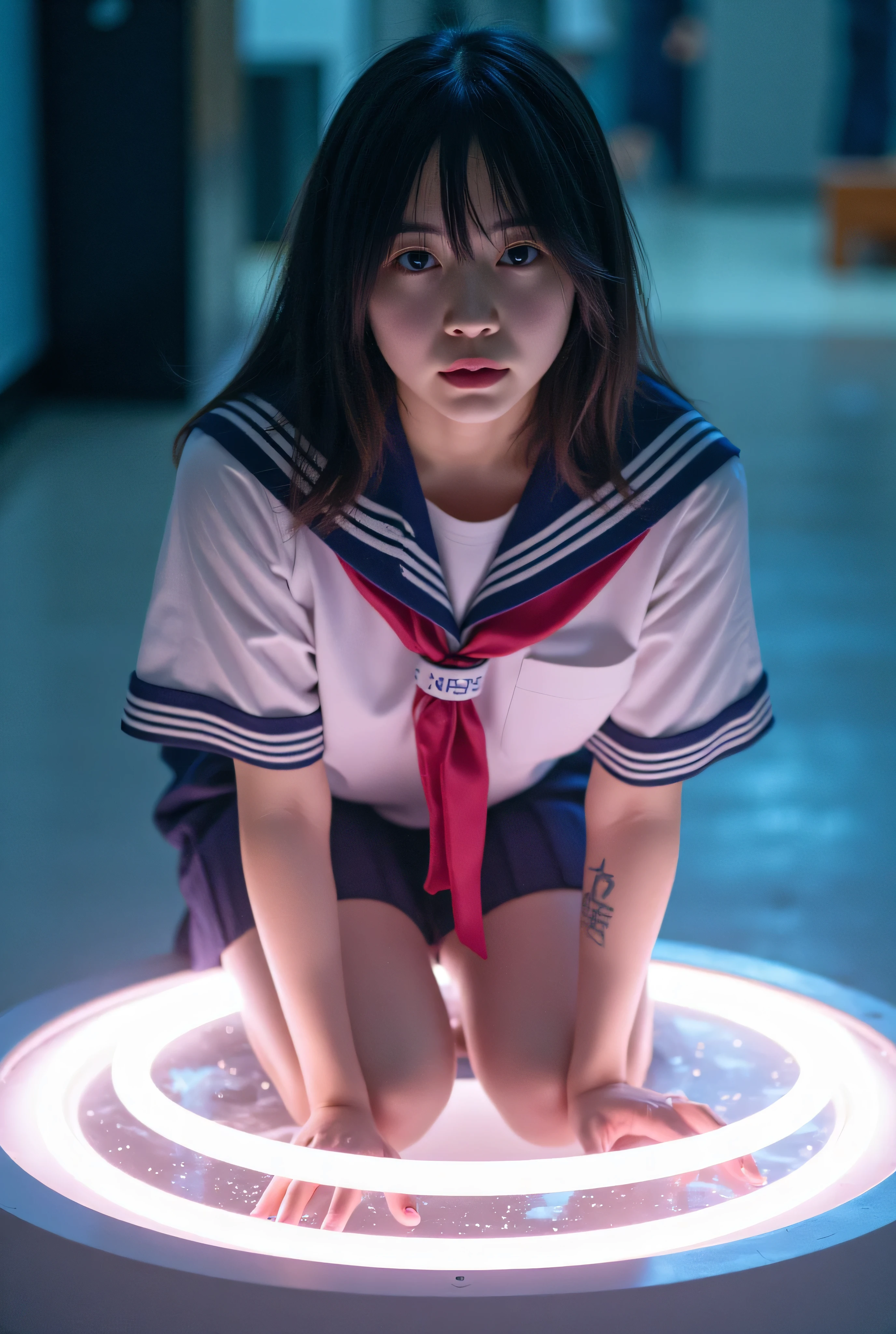 ( Masterpiece:1.2, excellent quality,Mirror-like, cinematic experience ),8k, wallpaper,( female 1 person),(A -faceanese high school girl from the future :2.0),( beautiful face, she's looking at me.),( is crouching down on one knee on a ring of light like a magic wheel),( hair blown in the wind),( light particles:2.0),(Raise your right knee:2.0),( detailed hands:1.6),( dynamic angle:2.0),( American cities and countless discharges in the 1980s :2.0),(SF:2.0),( cyberpunk), Cleavage with Exposed Skin , serafuku,16-year-o SaAsuka