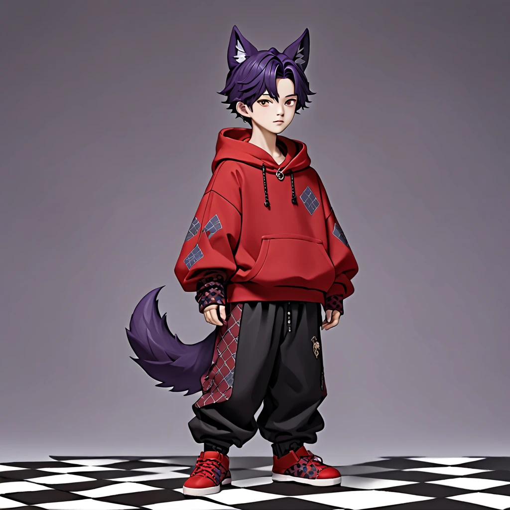 cat-boy, toned, sharp big wolf ears, wolf tail, big black messy hair, extremely vibrant red eyes, HD, masterpiece, vibrant, black converse shoes, slim dark black hoodie, full body view, neutral face, black thigh socks, combat boots.
