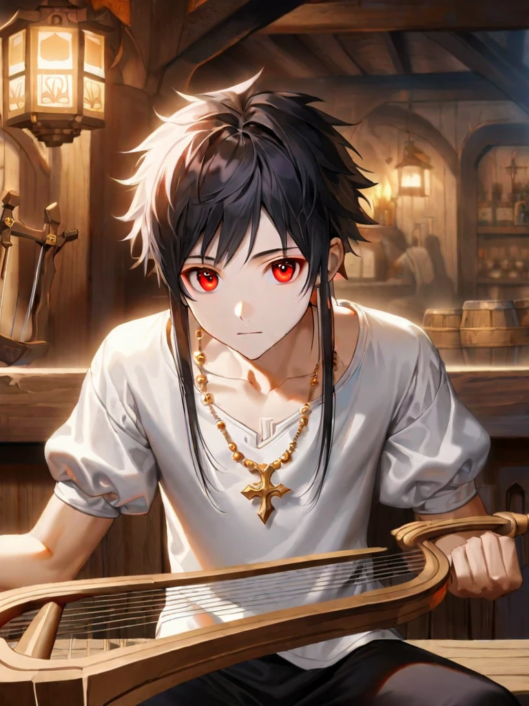 1boy, apple, bag, bangs, berry, black hair, black shirt, blue eyes, hair between eyes, jewelry, leaf, looking at viewer, male focus, necklace, pants, shirt, solo, watch, white pants, wristwatch, messy hair, trending on artstation, 8k resolution, highly detailed, anatomically correct, sharp image, digital painting, concept art, trending on pixiv, style of makoto shinkai,