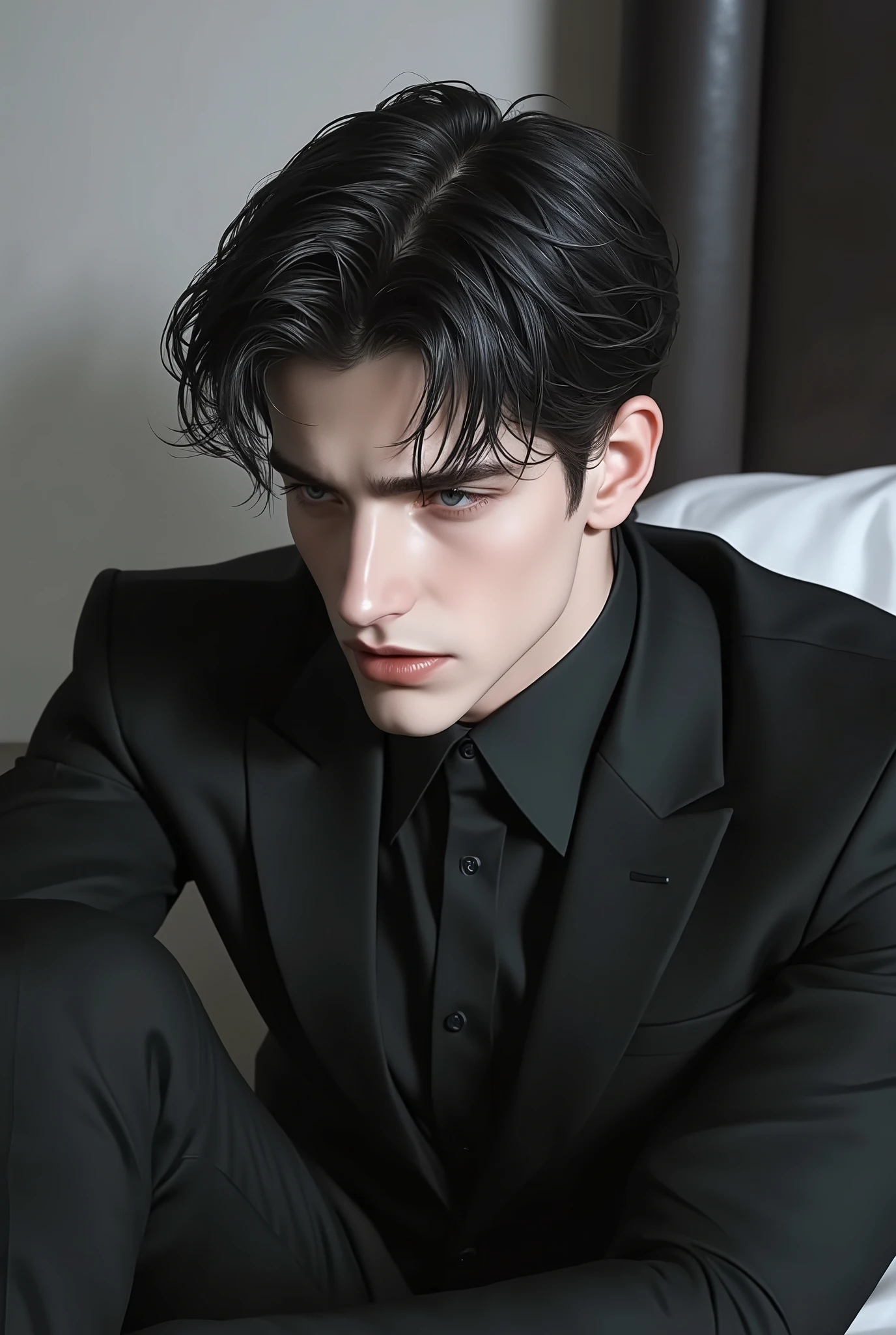 bad， black hair， Fitness， bed sitting position，Head perspective ，find， Korean Comic Style ， depressing， good condition ， Very handsome melon-seed face， wet hairstyle ， Attractive brown eyes ， very handsome , black suit shirt, Enquiry,