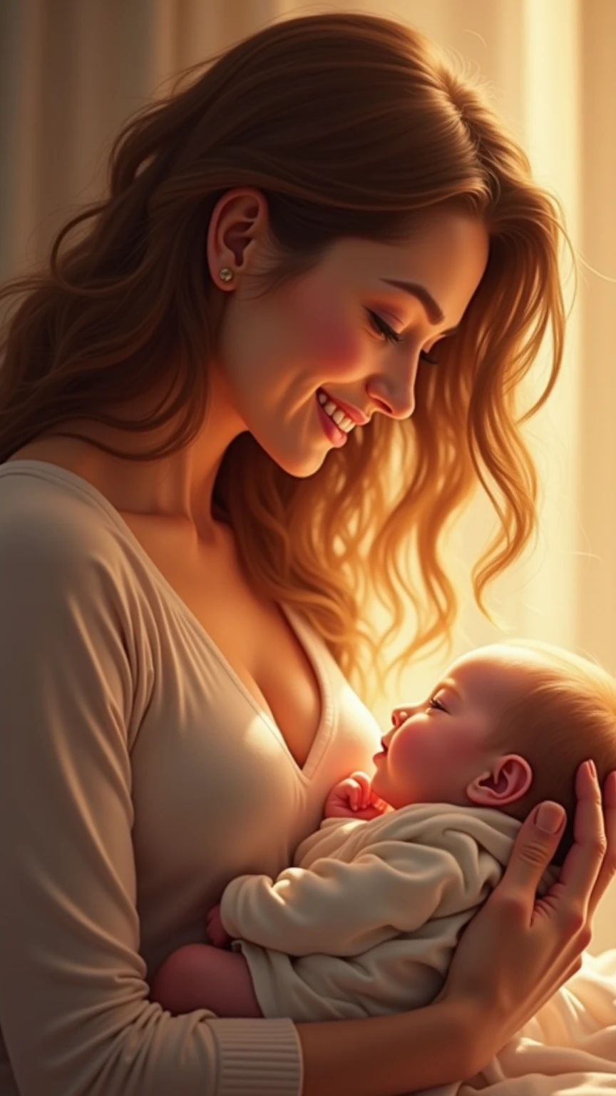 (Highest quality、Tabletop、8k、Best image quality、Award-winning works)、(mother holding her baby:1.1)、Accentuate your body lines、Ultra HD Hair、Ultra high resolution perfect beautiful teeth、The most beautiful smile is looking at me、Ultra-high definition beauty face、Ultra HD Hair、Ultra HD Shining Eyes、Shining ultra-high definition white skin、Super high quality glossy lip、(Accurate anatomy:1.2)、(Extremely blurred luxury hotel bedroom background:1.1)、(Strongly blurred background:1.1)、Luxury wall decor、Luxury Interior、(Royal VIP bedroom in the finest hotel:1.2)、(Moody and luxurious lighting:1.1)