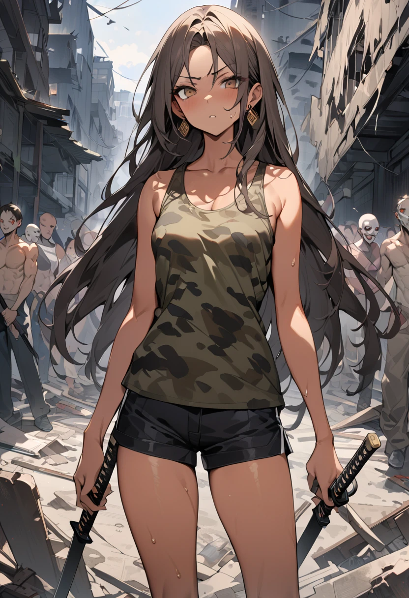 14 year old female soldier、Angry expression、Glare、Pubic hair is visible、Shopping street in the daytime、Blowjob、In the middle of the enemy soldiers、Hung