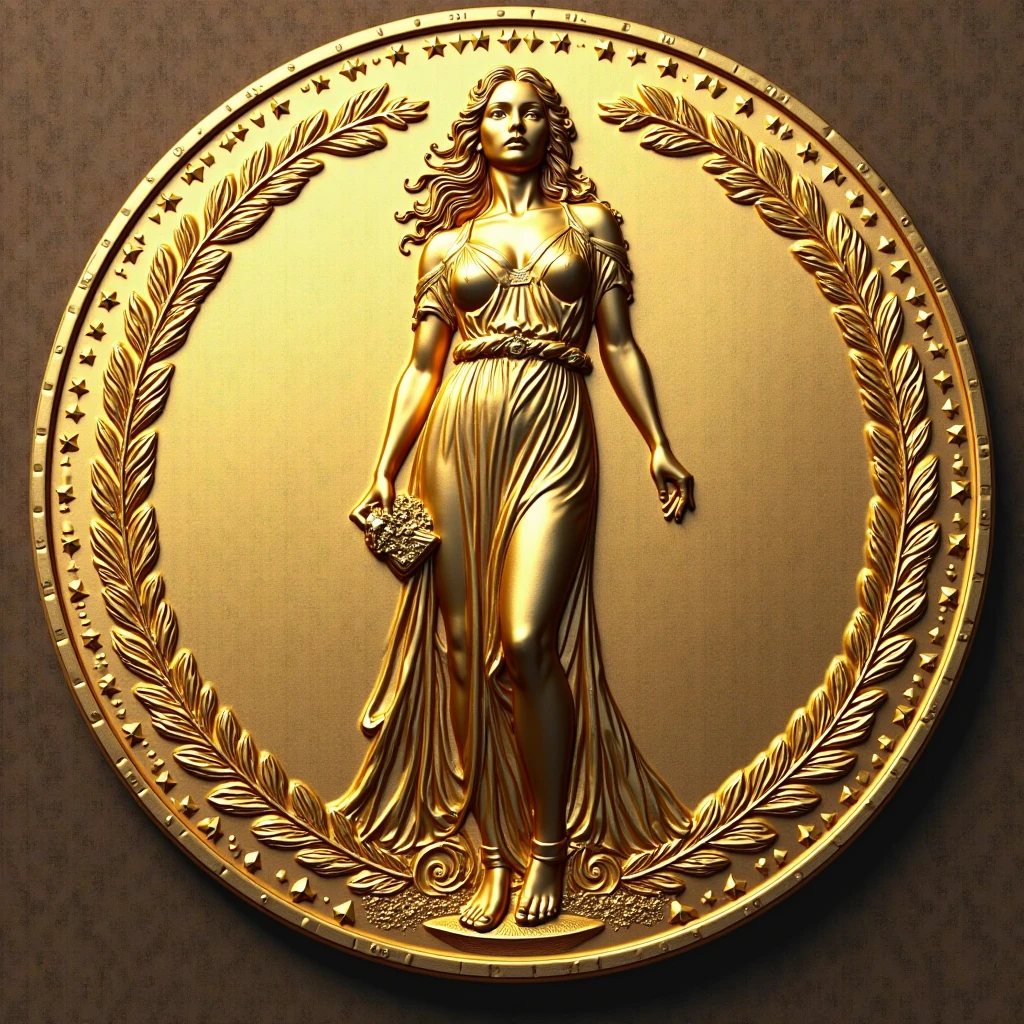 <lora:c01n-000010:0.8>, photograph of a gold c01n with a portrait of a woman, classy, no emotions, inscription over black background, <lora:wowifierXL:0.1>