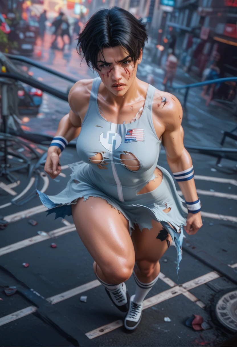 (Muscular:1.7), (thick thighs:1.8),
(asian female, pale skin), (pixie cut), brown hair,
(eyeshadow, lipstick),
detailed eyes, (big smile), detailed skin,
(small breasts:1.5),
(red karate headband, white school top, blue flared pleated skirt:1.6), midriff, (boxing gloves),
(upper body view), (looking at viewer), (three quarter view),
japanese street, rim lighting, two tone lighting, dimly lit