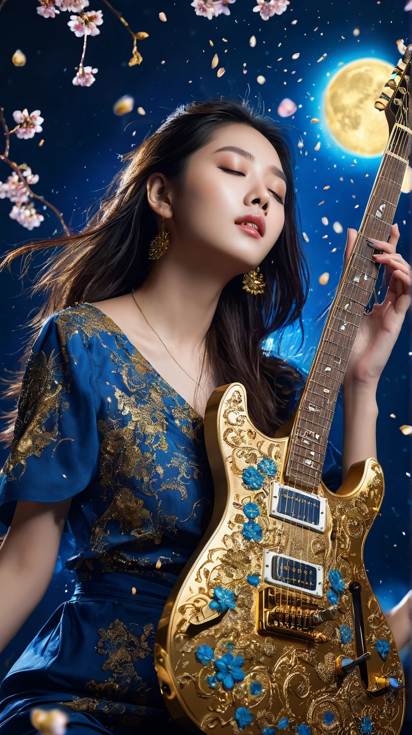 Life Wallpaper 4K High-definition digital image. A beautiful young woman is playing a similar blue-gold electric guitar. Enjoying the music with her sweet face, both of her body is partially immersed in the golden liquid, showing the musical emotion. There are splashes from the liquid all over the area. There are moons and mandalas. The colorful petals of cherry blossoms falling add beauty to the photo. Emphasizing the music stage scene with realistic lighting that stands out. The emotions in the beautiful music from a world-class studio.ผลงานชิ้นเอก, ได้รับเกียรติหลายครั้ง, คุณภาพที่ดีที่สุด,