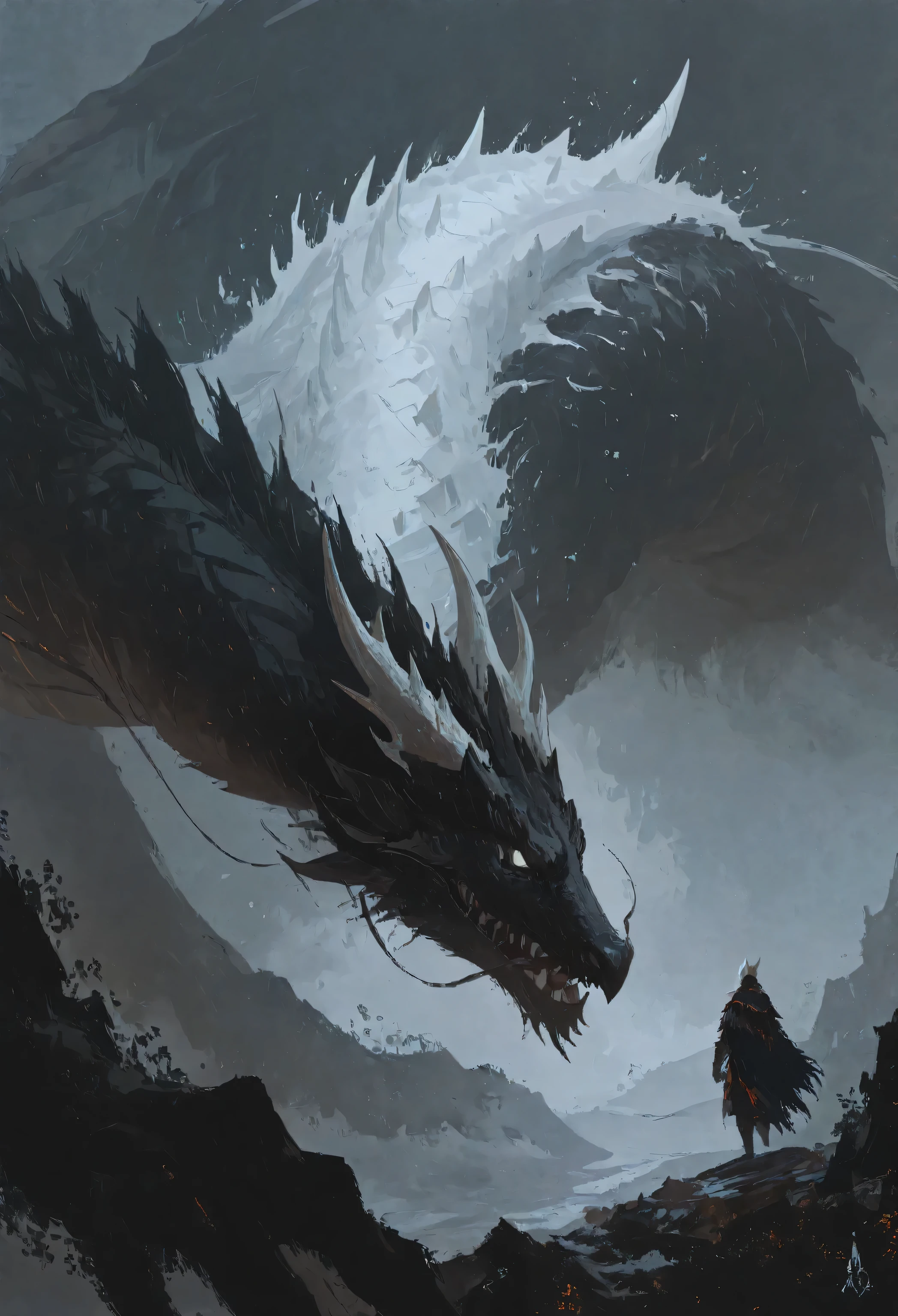 black dragon, white horns, white eyes, gigantic, illustrative, watercolour, ultra HD 4K, monster hunter, dark souls, lord of the rings