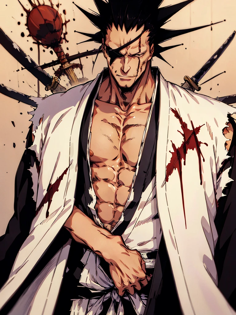 masterpiece, best quality, Kenpachi Zaraki, eyepatch, spiked hair, japanese clothes, blood, yellow light, atmospheric,