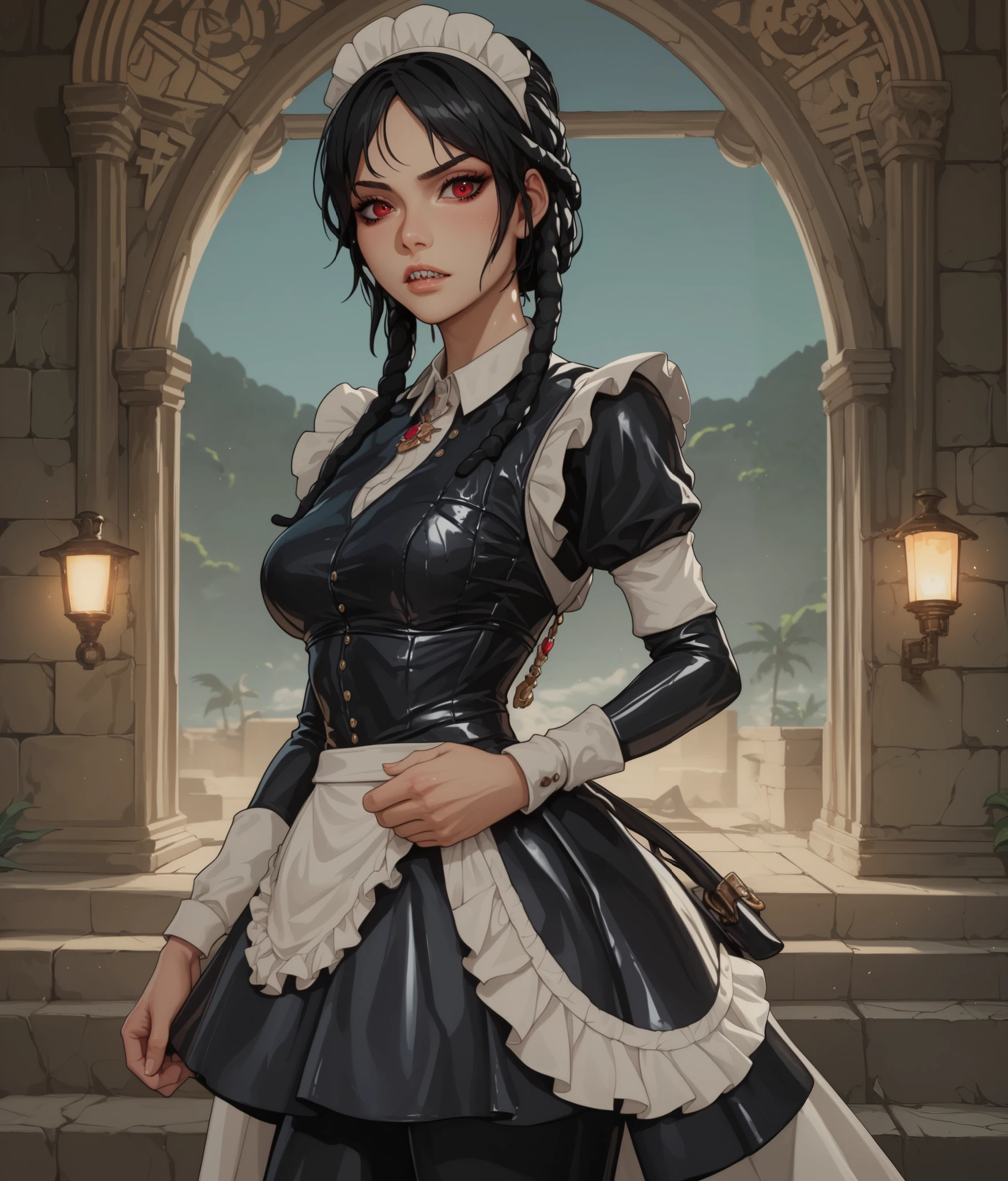 masterpiece, HD , great quality, very aesthetic, absurd, high contrast , high color palette , light glare ,Latest ,2.5D,volumetric lighting, Sweet, jung, 1 girl, aztekisch, small breasts, red eyes,athletic body, aztekisch, white hair strands, looks at the viewer, medieval leather clothing, Dreadlocks, shy, smiles, Anime shark teeth, background: Jungle and Aztec ruins