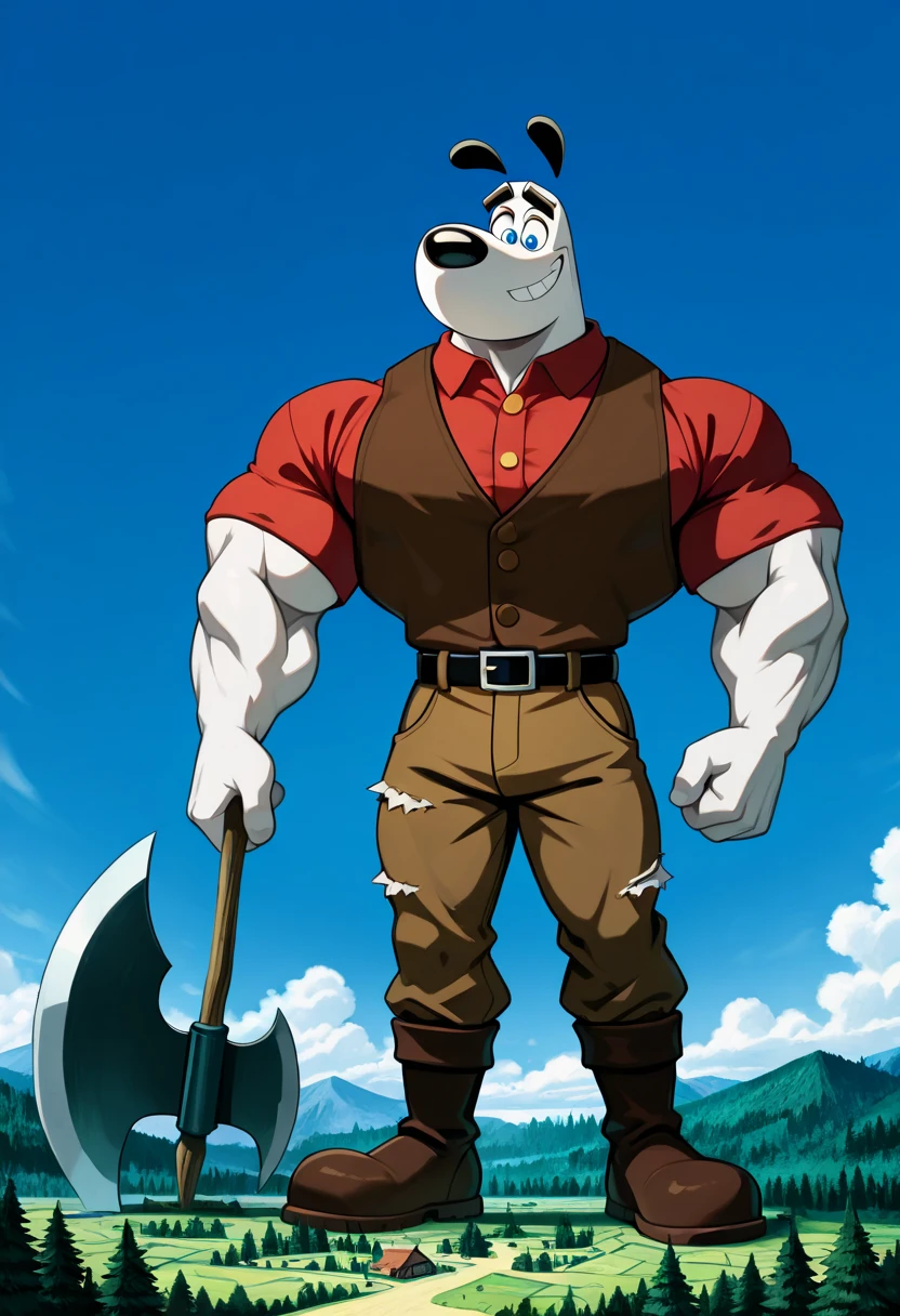 Giant muscular lumberjack paul bunyan dudley puppy (T.U.F.F Puppy), white dog, cartoon 2d style, giant, macro size, full body, muscular body, village and forest background, Masterpiece, best quality, high quality, detailed, Dudley Puppy, male, solo male, 1boy, broad shoulders, mature male, blue eyes, athletic build, muscular male, black ears, black eyebrows, animal ears, white body, big eyebrows, red shirt, brown vest, round snout, full body, ripped blue pants, black belt, big feets, big brown boots, outdoors, looking down, smiling, macro size, giant, blue sky background, holding a large axe village and forest background, fairytale fantasy scene.