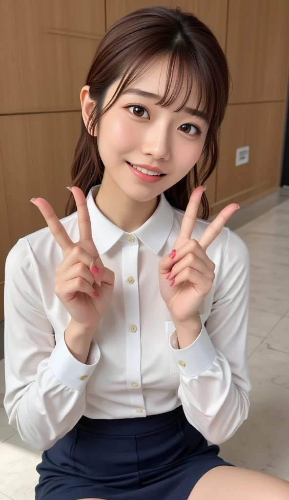 (1 girl:1.0),,(small brests:1.2),(skinny:1.2),high school student,beautiful girl,(short ponytails:1.2),akb48,nogizaka46, beautiful girl,school girl,sitting chair,(cowboyshot:1.0),fullbody,Navy blazer, red ribbon, white blouse, navy pleated skirt,front face,(front view:1.0),looking at viewer,office,(full-face blush:1.5),(smile:1.2),(presenting panties:1.5),white panties,(facial:1.5),(cum on face:1.5),