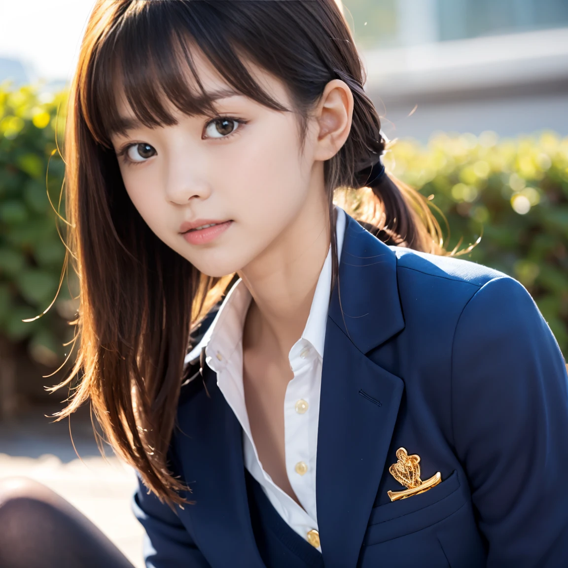 (masterpiece, highest quality:1.4), Award-winning portraits, 8k, 85mm, alone, Beautiful Face, Delicate girl, , (Dark navy blazer jacket, Put your arms behind your back, Close your face:1.2), Dark Navy Skirt, Long sleeve, Sophisticated, cute, Teen, Looking at the audience, 15 years old, RAW Photos, Confused, High resolution, Sharp focus, Background blur、(((Flat 、thin and delicate body、Childish atmosphere)))、shiny semi-long hair、ponytail、Mole on the left cheek、 Dark blue eyes、Random Pause、the skirt is swaying in the wind、Hair swaying in the wind、sexy