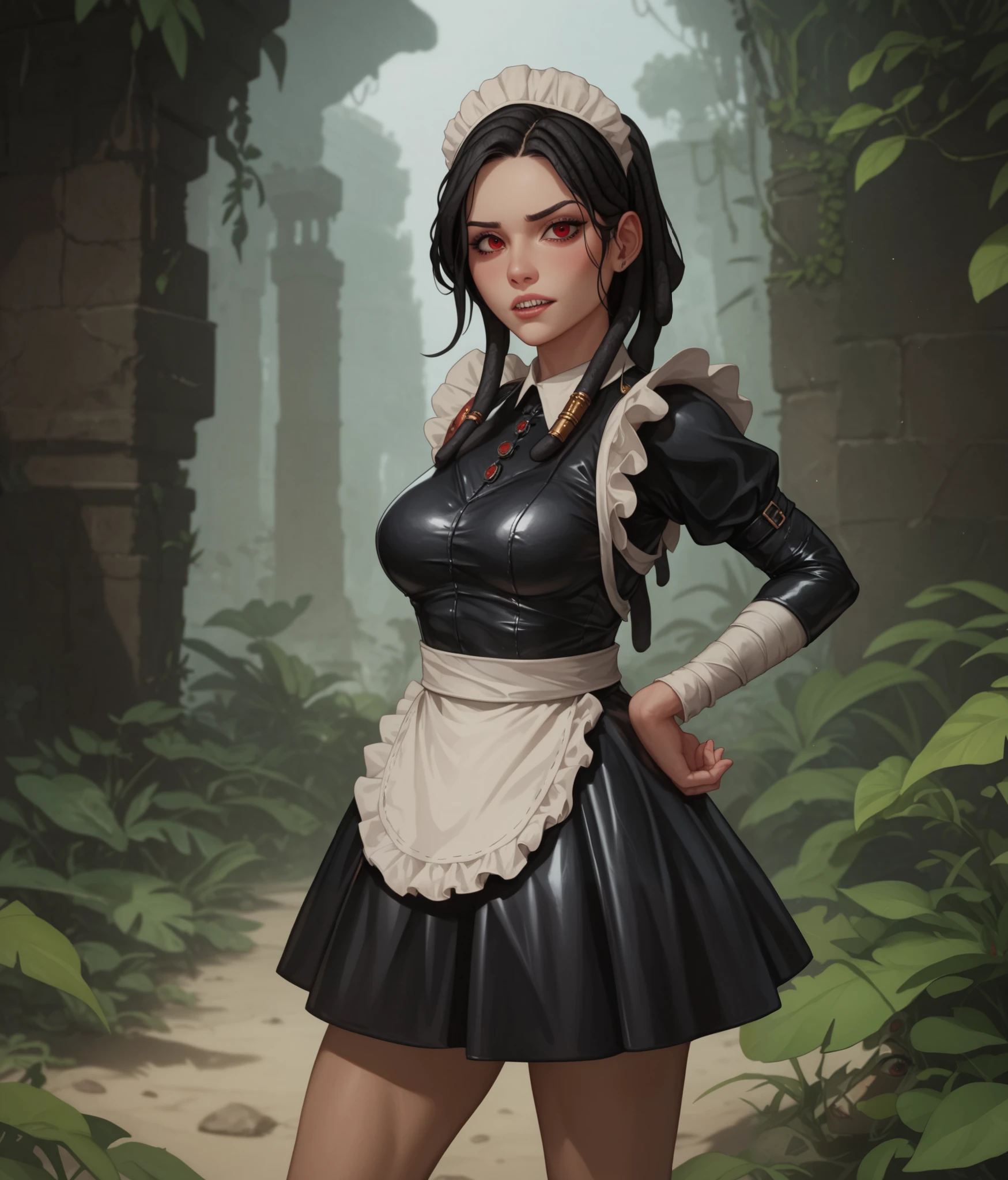 masterpiece, HD , great quality, very aesthetic, absurd, high contrast , high color palette , light glare ,Latest ,2.5D,volumetric lighting, Sweet, jung, 1 girl, aztekisch, small breasts, red eyes,athletic body, aztekisch, white hair strands, looks at the viewer, medieval leather clothing, Dreadlocks, shy, smiles, Anime shark teeth, background: Jungle and Aztec ruins
