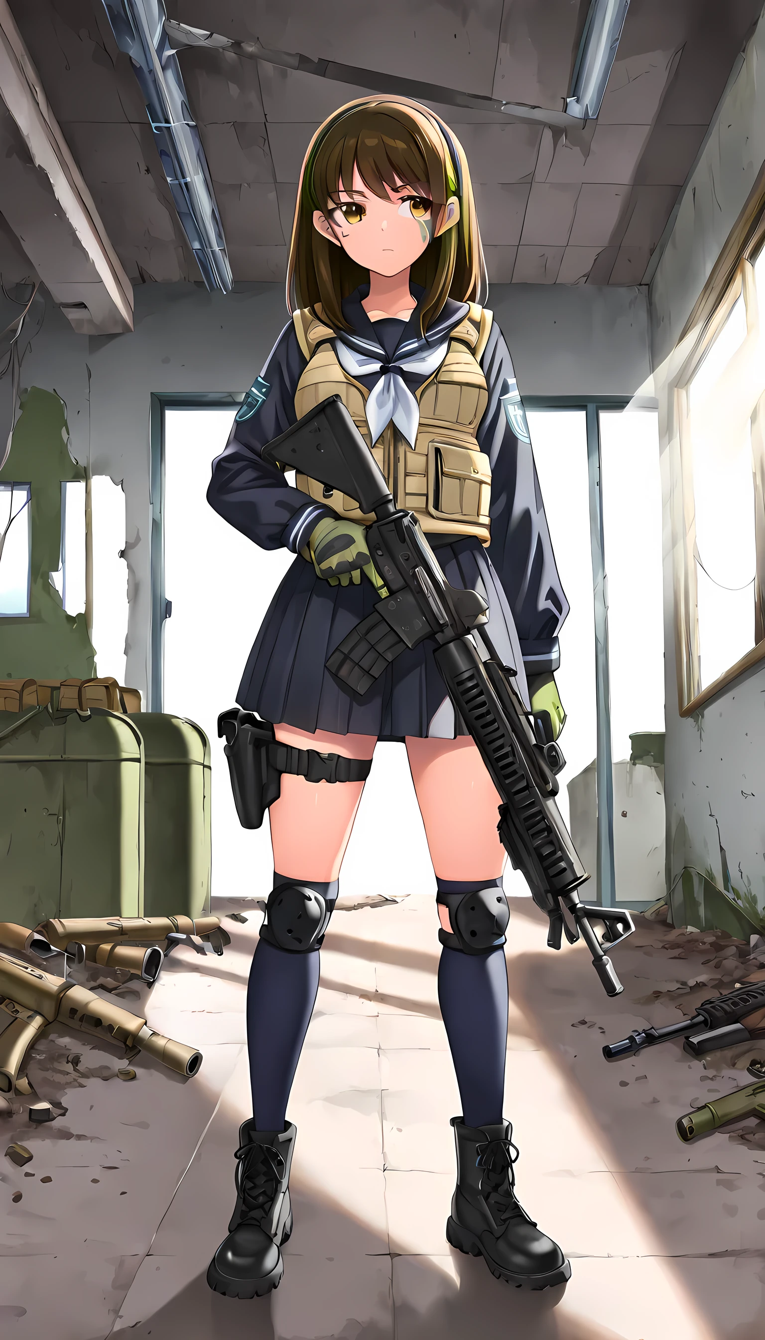 masterpiece, best quality, 8K, high detailed, detailed beautiful face and eyes, Anime artwork, vector illustration, (hanzou\(kamitoride\):0.9), (hidebou\(hidebou house\):0.6), (reizei\(cyclone\):0.4), school uniform, JK, Cinematic Girls With Guns Style, 1girl, solo, Abandoned Office, Spacious interior, sunlight, sunbeam, standing, full body, front view, looking to the right, (black sailor uniform:1.5), Long sleeve, 180㎝, yellow green medium hair, straigh hair, yellow green eyes, slant eyes, Stern face showing strong determination, closed mouth, medium breasts, (slender:1.4), (Holding the gun in the rest position1.4), (Short Barrel m4a1 rifle:1.4), (Khaki ballistic vest:1.5), Magazine pouch, over-kneehighs\(black\), black Military Gloves, Military Knee Pads, Leg Holster, black Military boots\(United States Army\)
