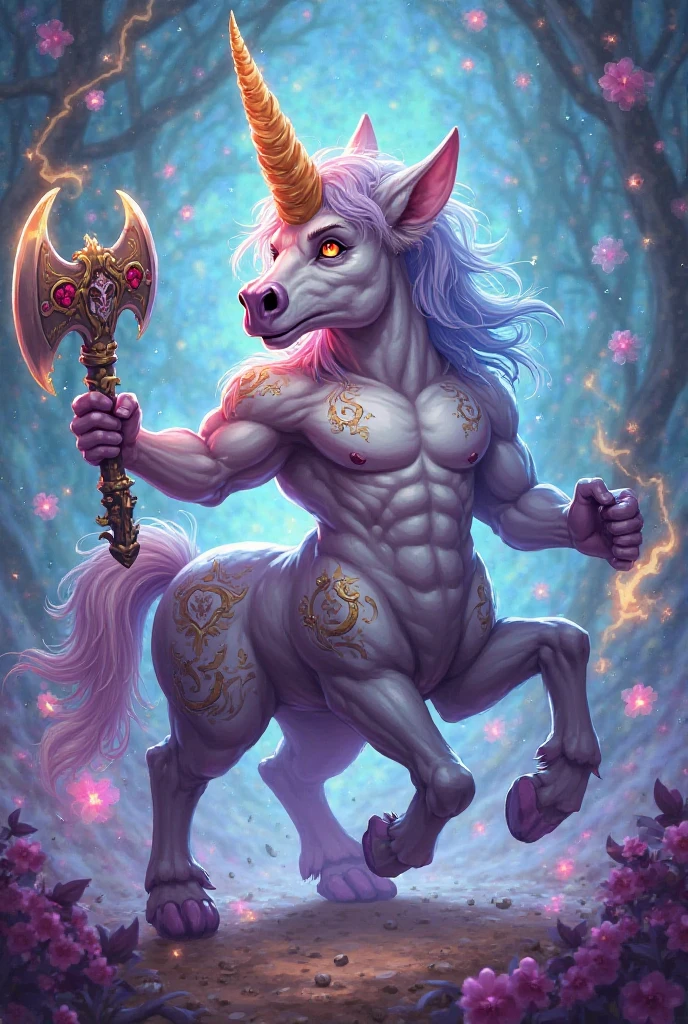 White unicorn, blue long hair, belly, chubby, muscular arms, thick thighs, masculine focus, black underwear, detailed bulge, nipples, generating powers