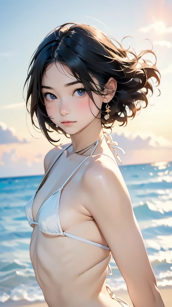 Beautiful detailed short black hair, Beautifully detailed face, Beautiful attention to detail, Beautiful clavicle, Beautiful body, Blue open-necked dress, Baby Face, Small breasts, (photoRealistic:1.4), (masterpiece, Side light, Exquisite beautiful eyes: 1.2), masterpiece*Portraiture, Realistic, 3D Face, Glowing Eyes, Shiny Hair, Glowing Skin, alone, Embarrassing, (abdomen), Smile, Standing facing forward, Mouth closed, Watching the audience,