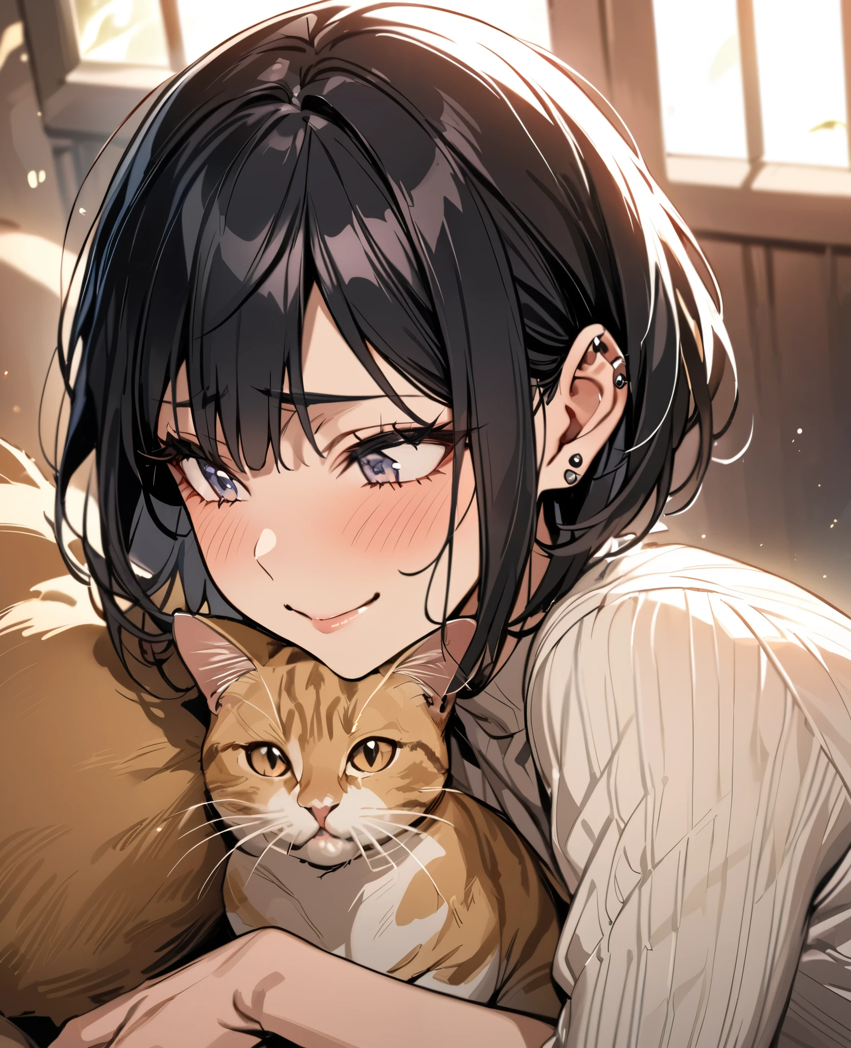 ((masterpiece, best quality)), feminine features, black short hair, bob cut, delicate jawline, soft eyes, long eyelashes, slender build, slightly feminine body shape, gentle expression, fair skin, subtle makeup, ear piercings, casual cloths, ambiguous gender presentation, bishonen, pretty boy, (high quality), perfect lighting, detailed face, natural pose, embrassing face, shy, smile, feed cat