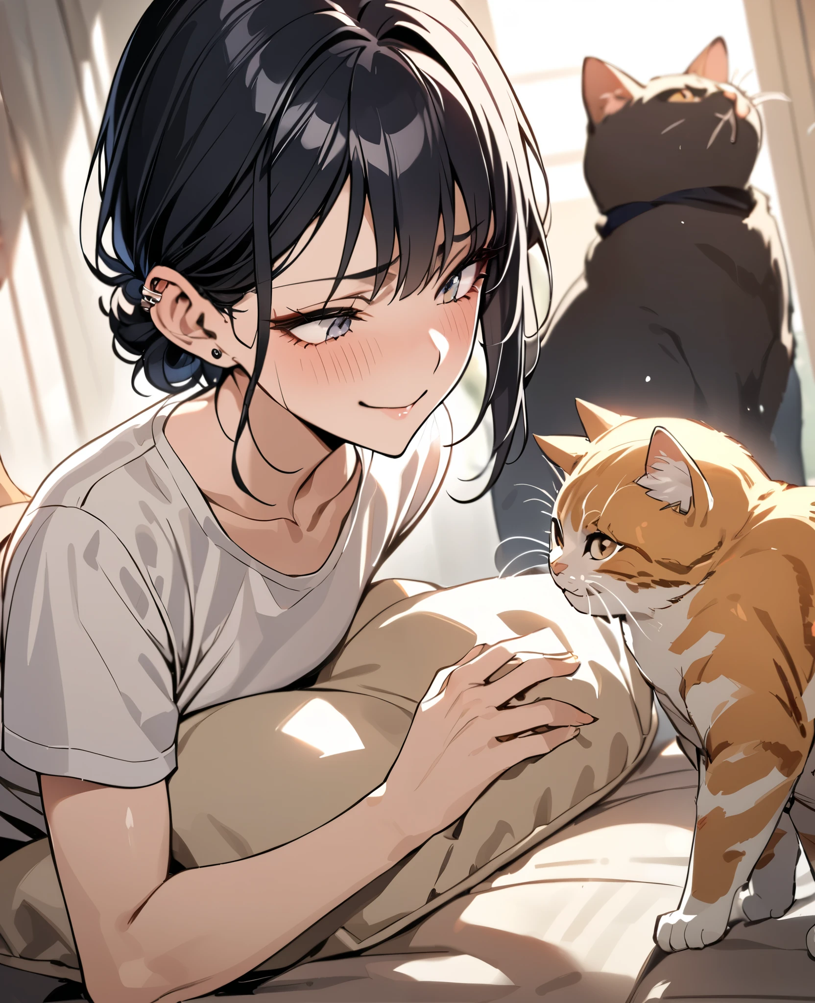 ((masterpiece, best quality)), feminine features, black short hair, bob cut, delicate jawline, soft eyes, long eyelashes, slender build, slightly feminine body shape, gentle expression, fair skin, subtle makeup, ear piercings, casual cloths, ambiguous gender presentation, bishonen, pretty boy, (high quality), perfect lighting, detailed face, natural pose, embrassing face, shy, smile, feed cat