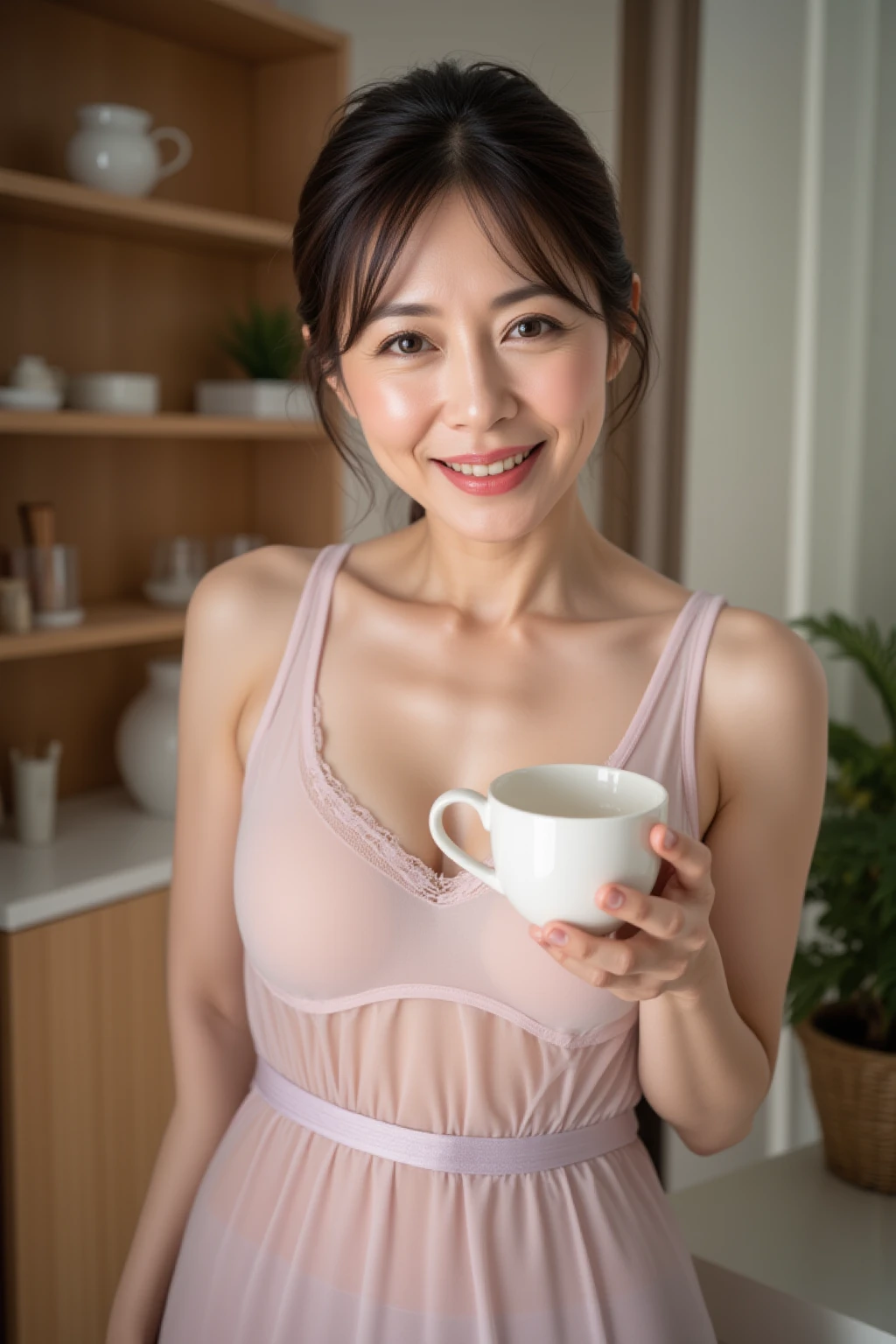 white wears a transparent top, She is about 60 years old,asian woman sitting at a table ((drinking coffee)), smile,She is about 60 years old., She is about 65 years old, an Asian woman, Late 80s, sitting at a mocha-colored table, skirt a transparent,(cleavage breasts),look back